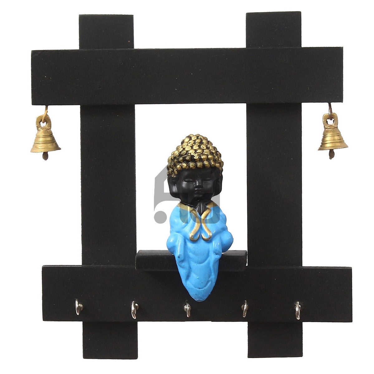 Blue and Black Peaceful Monk Buddha Idol Sitting Wooden Keyholder with 5 Key hooks 2