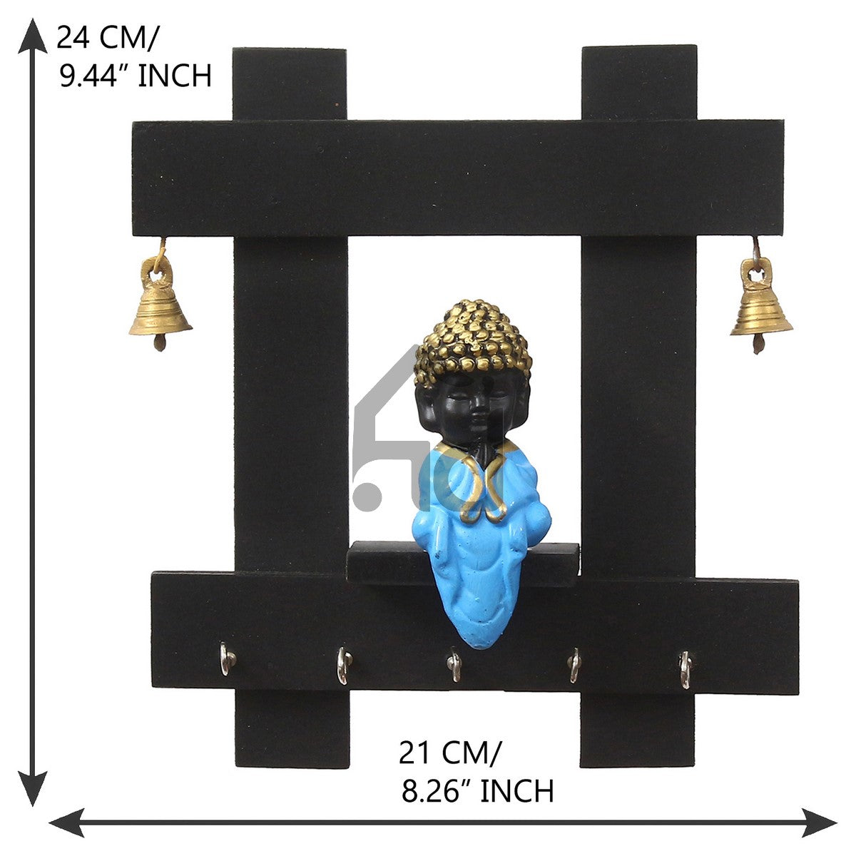 Blue and Black Peaceful Monk Buddha Idol Sitting Wooden Keyholder with 5 Key hooks 3