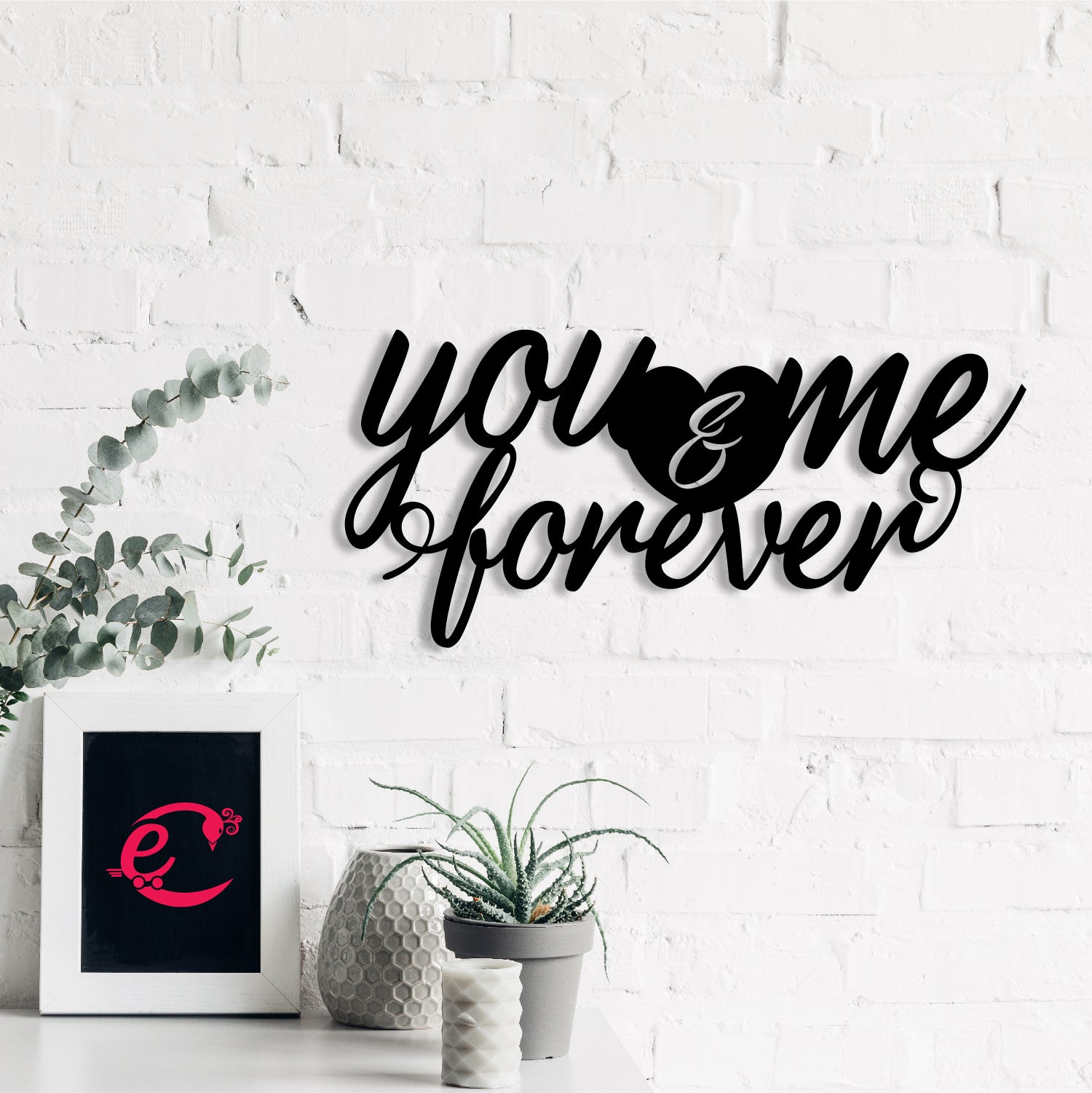 "You & Me Forever" Love Theme Black Engineered Wood Wall Art Cutout, Ready to Hang Home Decor