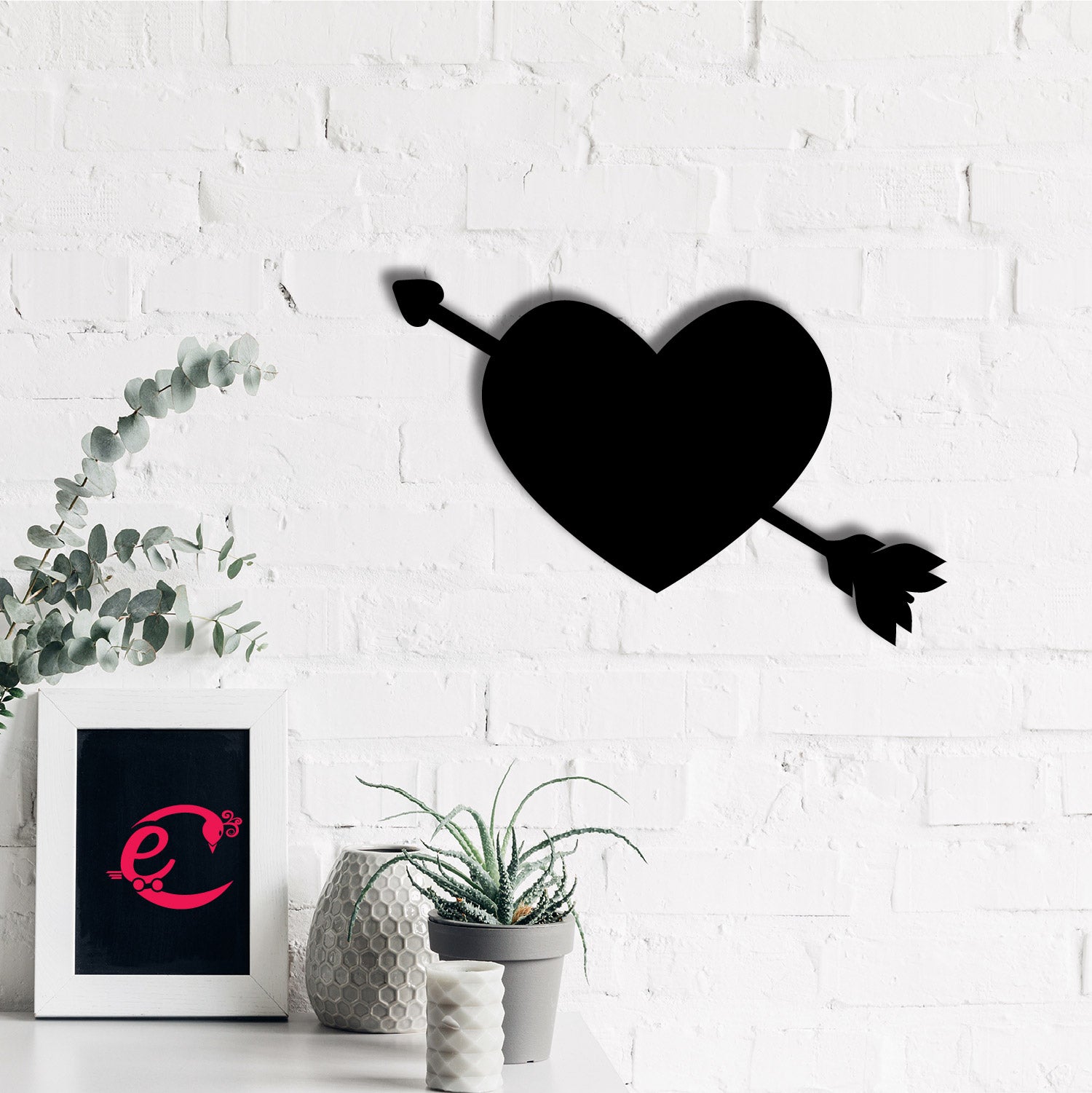 Heart with Love Arrow Black Engineered Wood Wall Art Cutout, Ready to Hang Home Decor