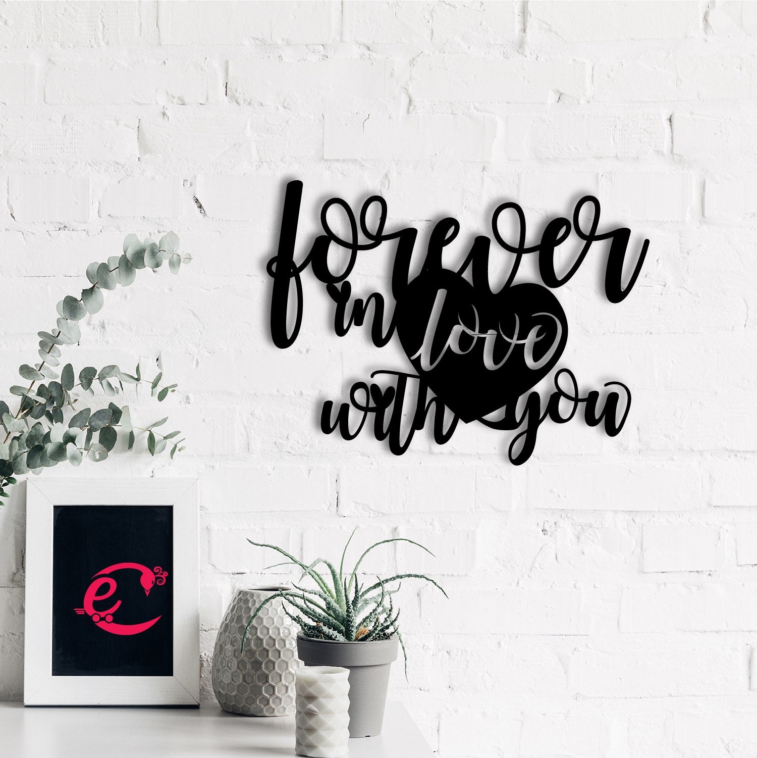 "Forever In Love With You" Valentine Theme Black Engineered Wood Wall Art Cutout, Ready to Hang Home Decor