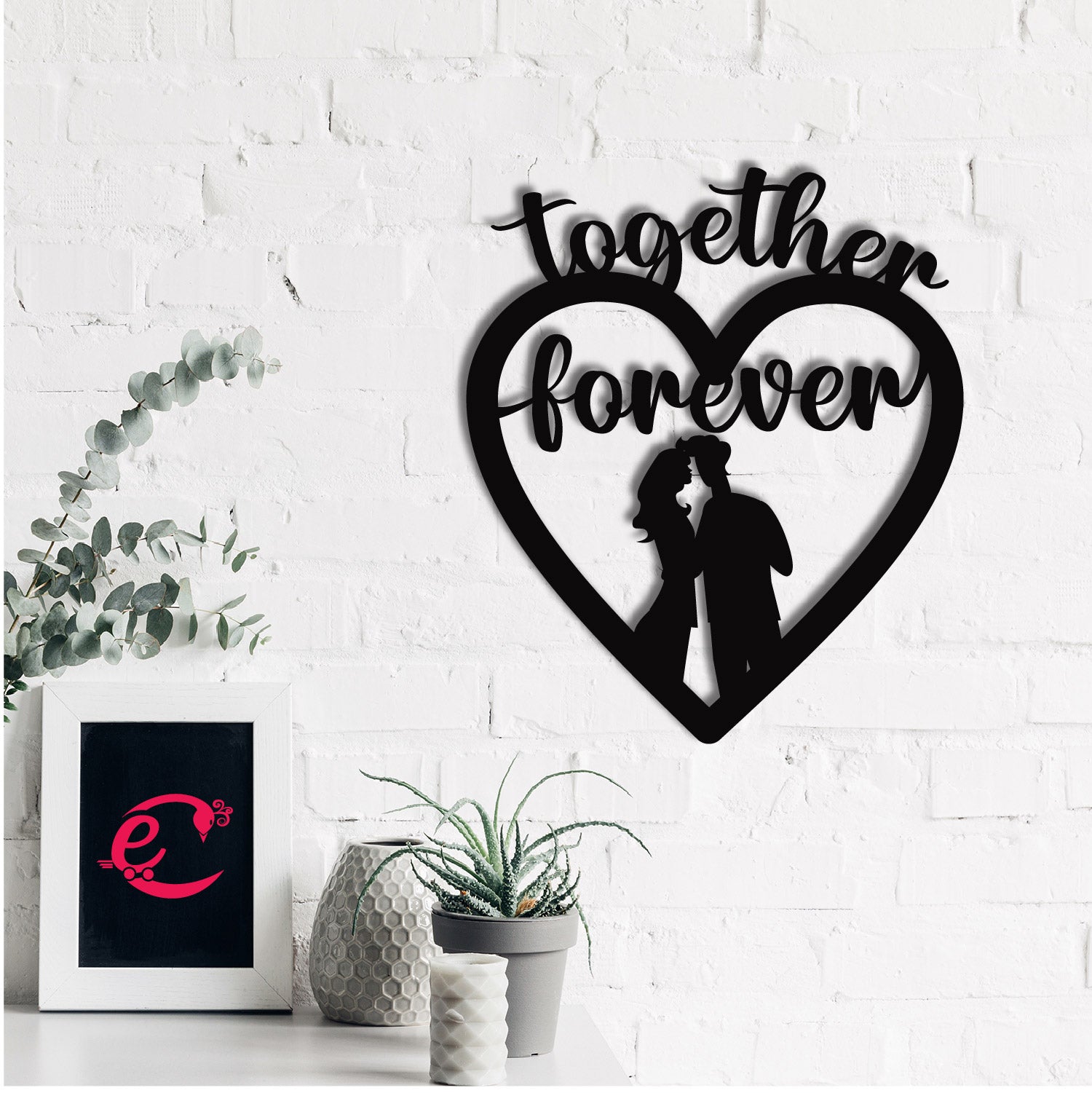 "Together Forever" Love Theme Black Engineered Wood Wall Art Cutout, Ready to Hang Home Decor