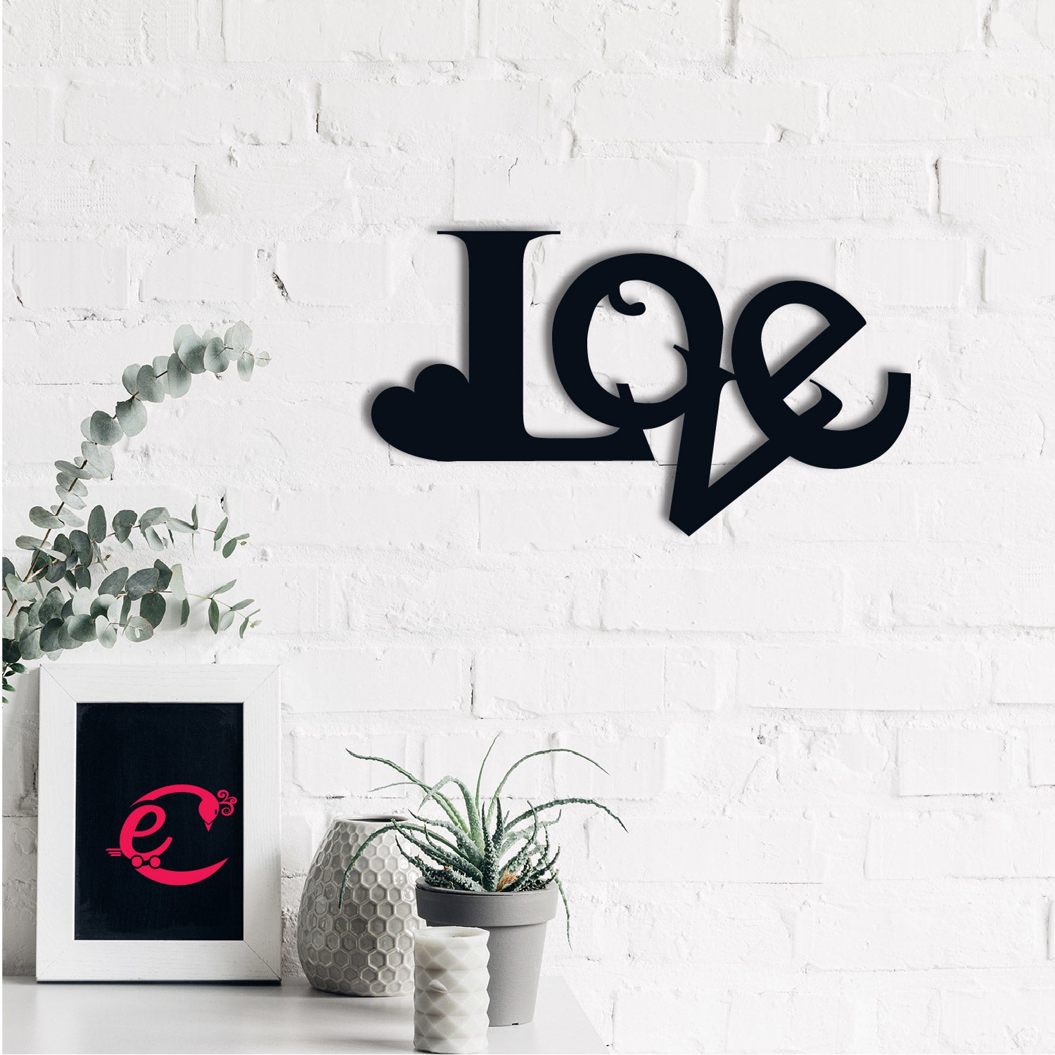 Love With Heart Love Theme Black Engineered Wood Wall Art Cutout, Ready To Hang Home Decor