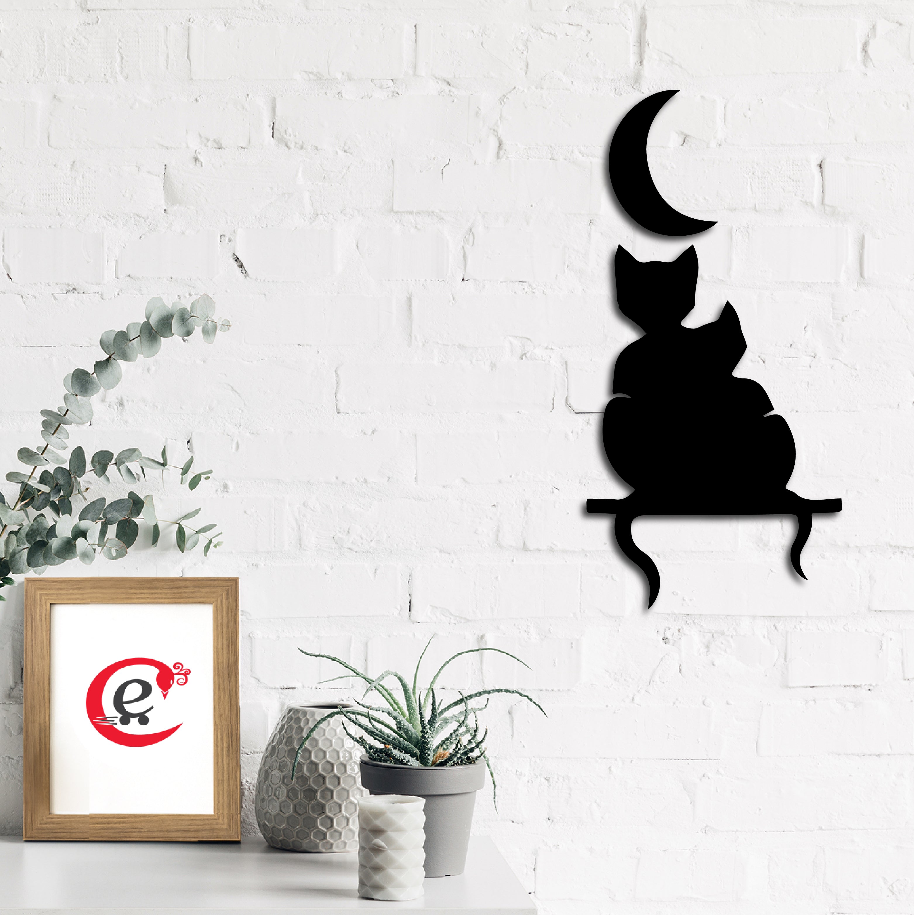 "Cat Couple at Moon Night" Black Engineered Wood Wall Art Cutout, Ready to Hang Home Decor