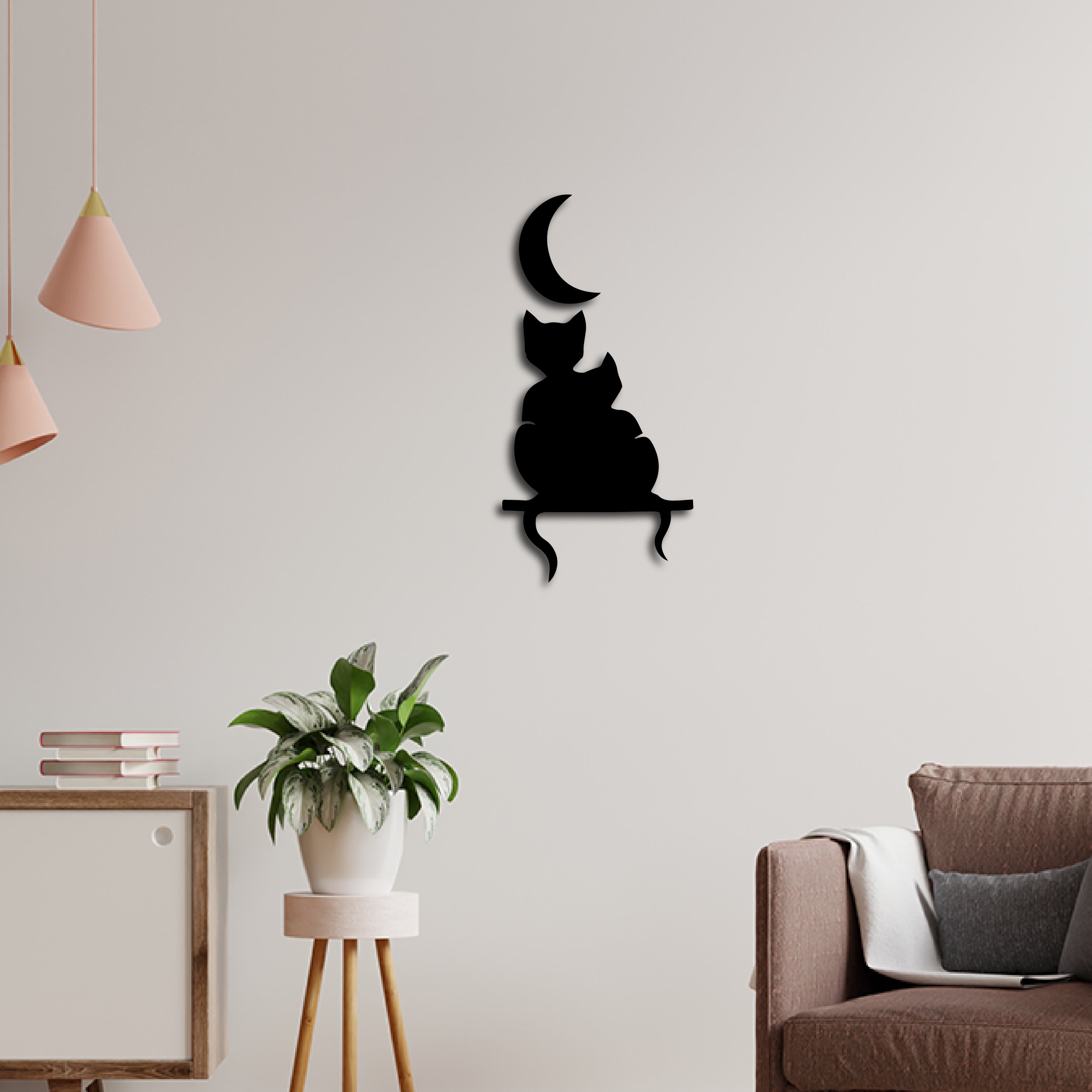 "Cat Couple at Moon Night" Black Engineered Wood Wall Art Cutout, Ready to Hang Home Decor 1