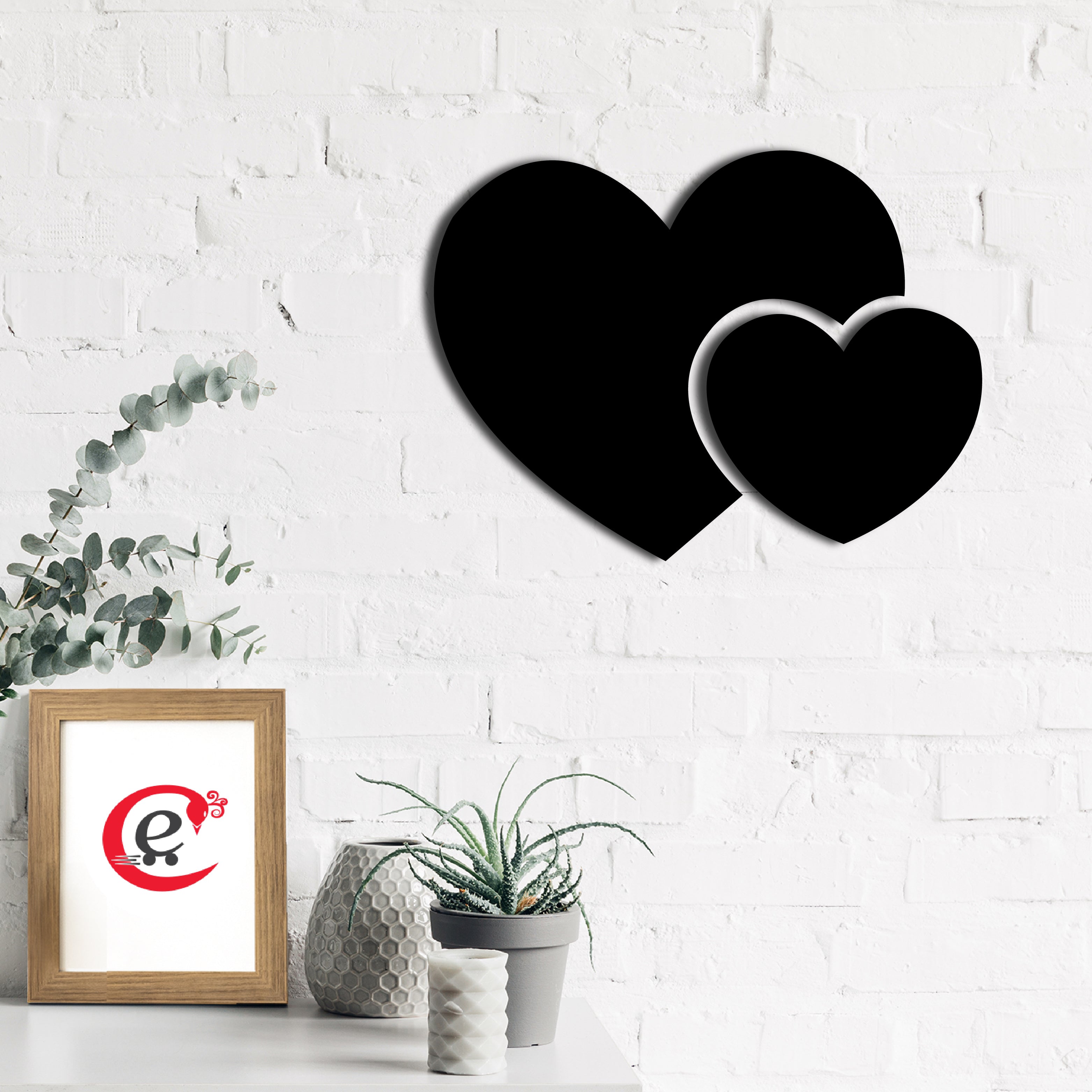 "2 Heart" Black Engineered Wood Wall Art Cutout, Ready to Hang Home Decor