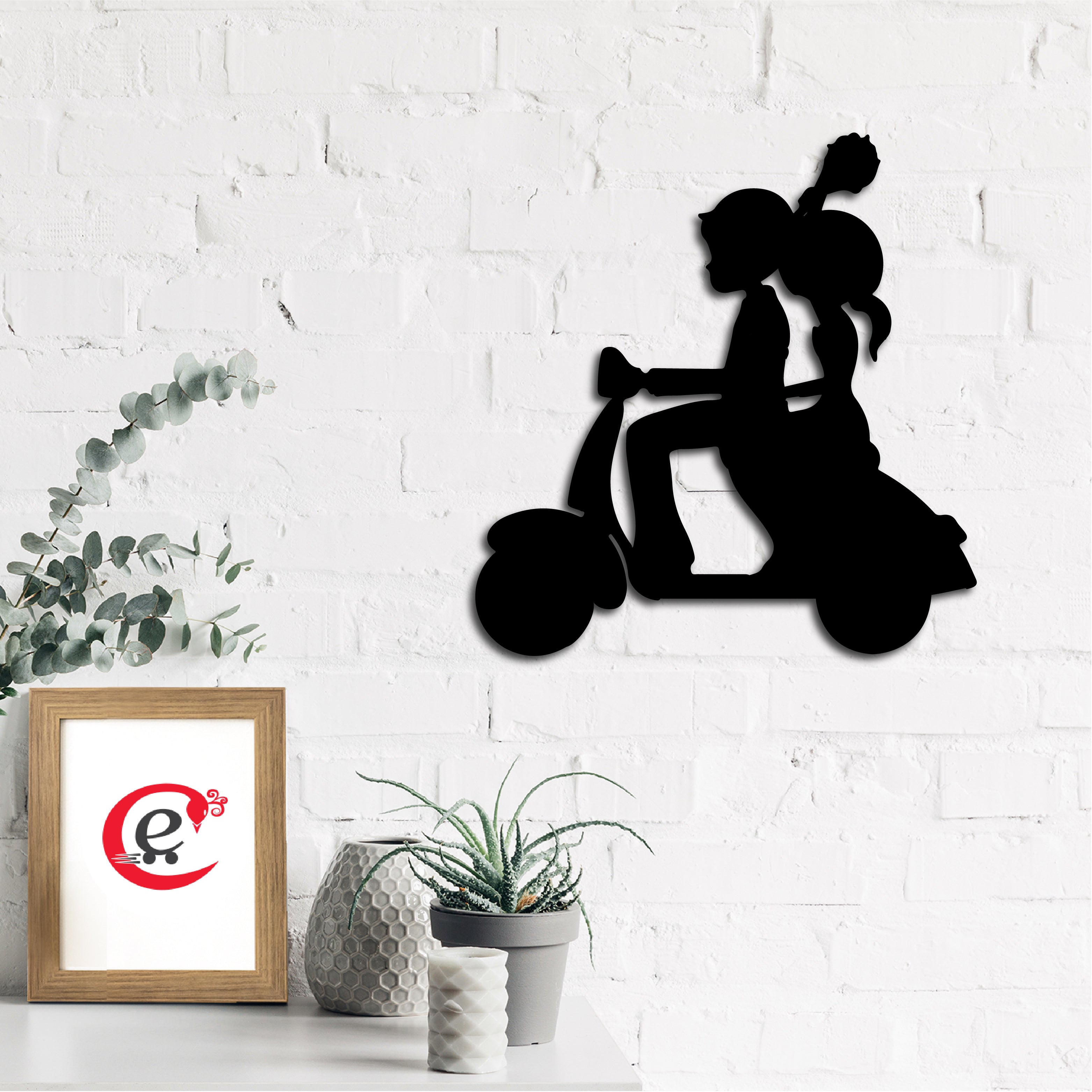 Couple On Scooter Black Engineered Wood Wall Art Cutout, Ready To Hang Home Decor