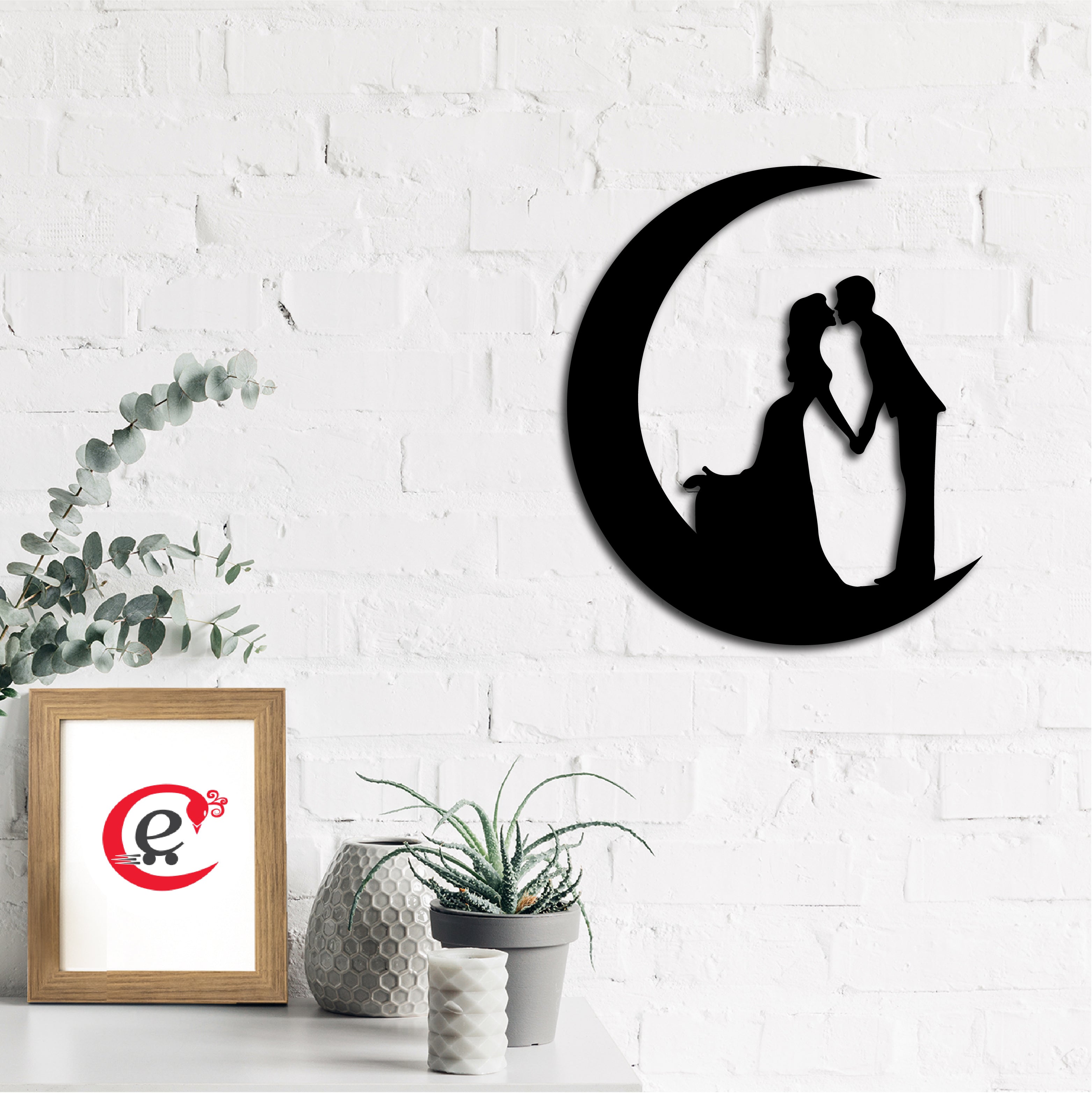 "Couple on the moon" Black Engineered Wood Wall Art Cutout, Ready to Hang Home Decor