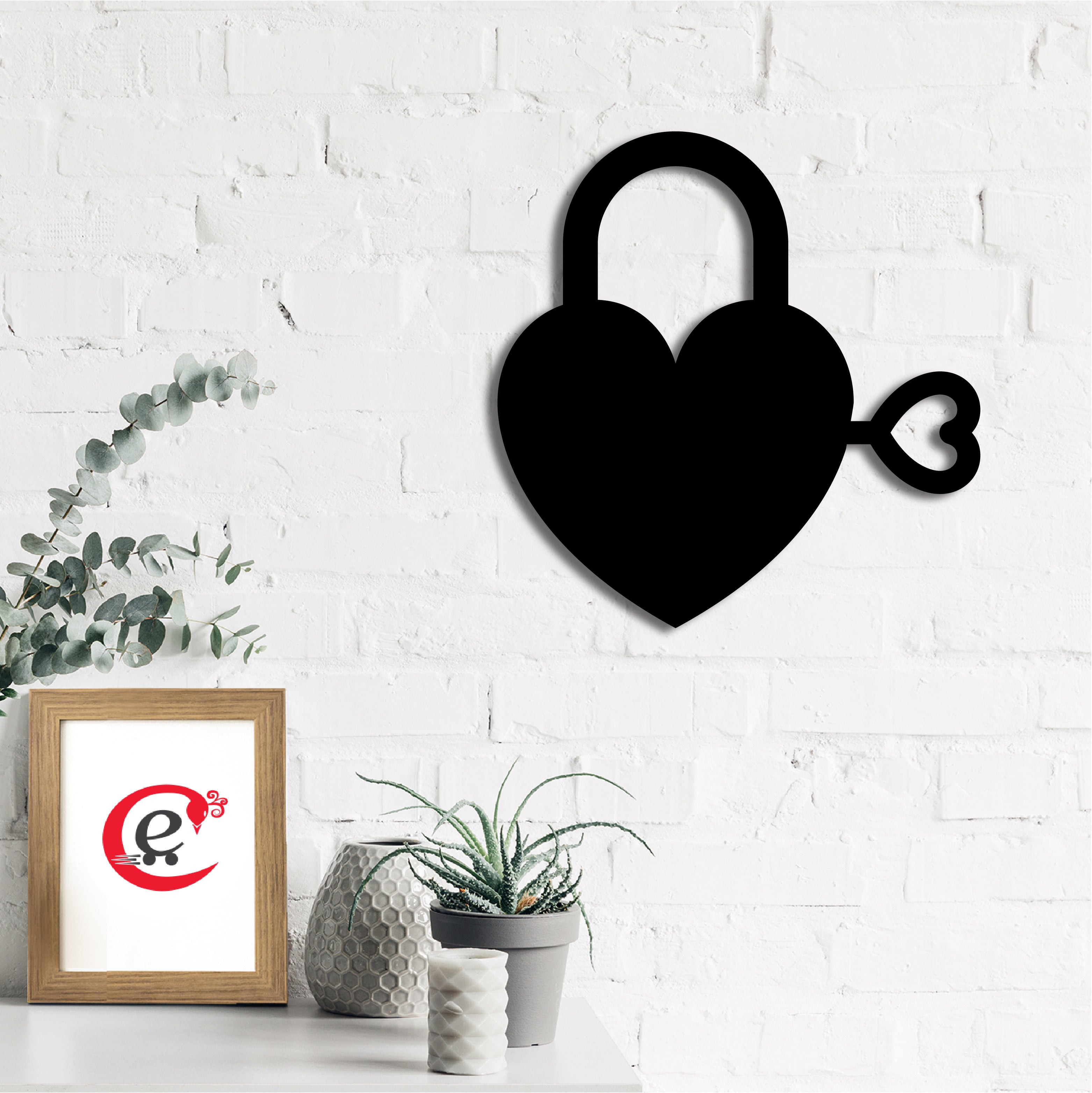"Heart Key" Black Engineered Wood Wall Art Cutout, Ready to Hang Home Decor