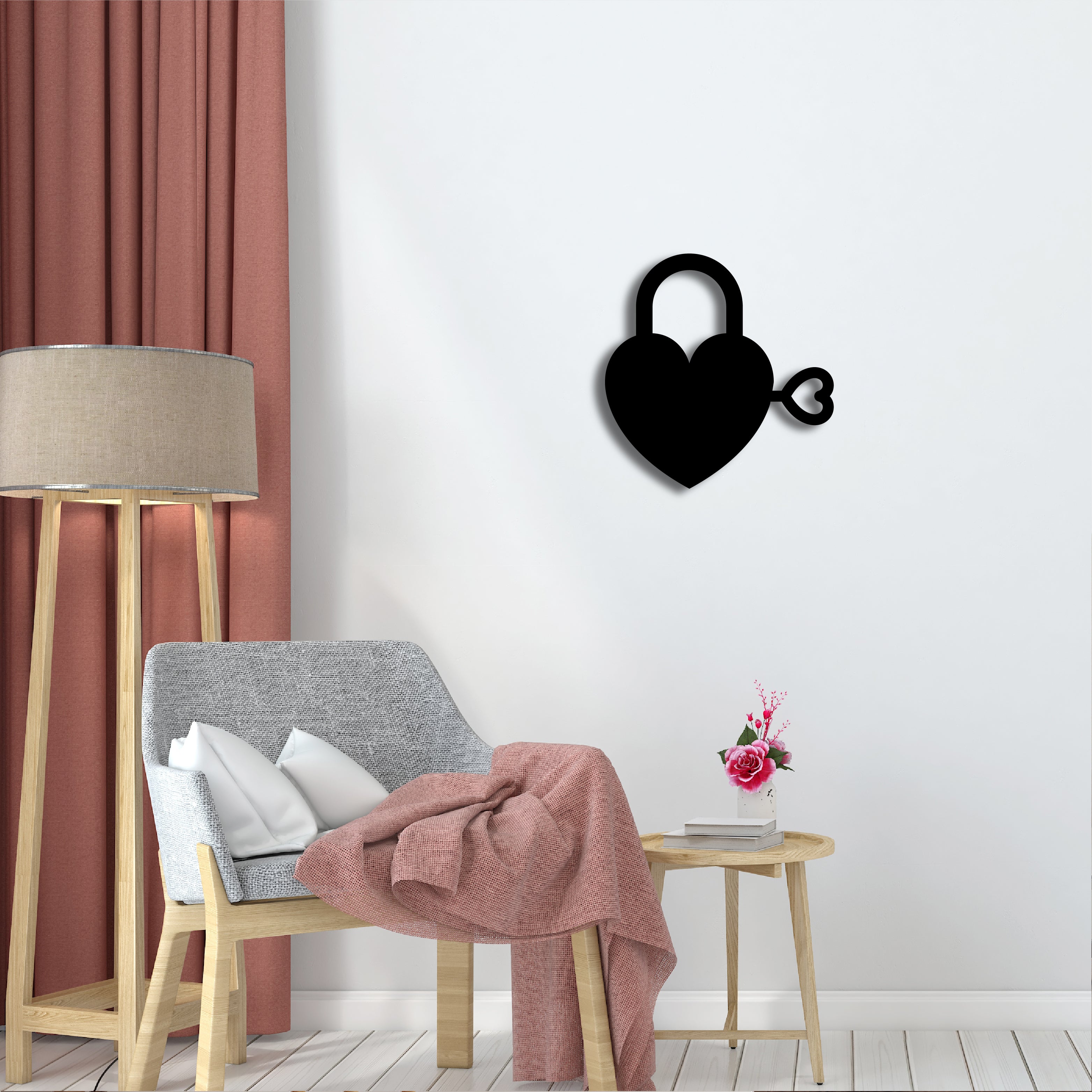 "Heart Key" Black Engineered Wood Wall Art Cutout, Ready to Hang Home Decor 1