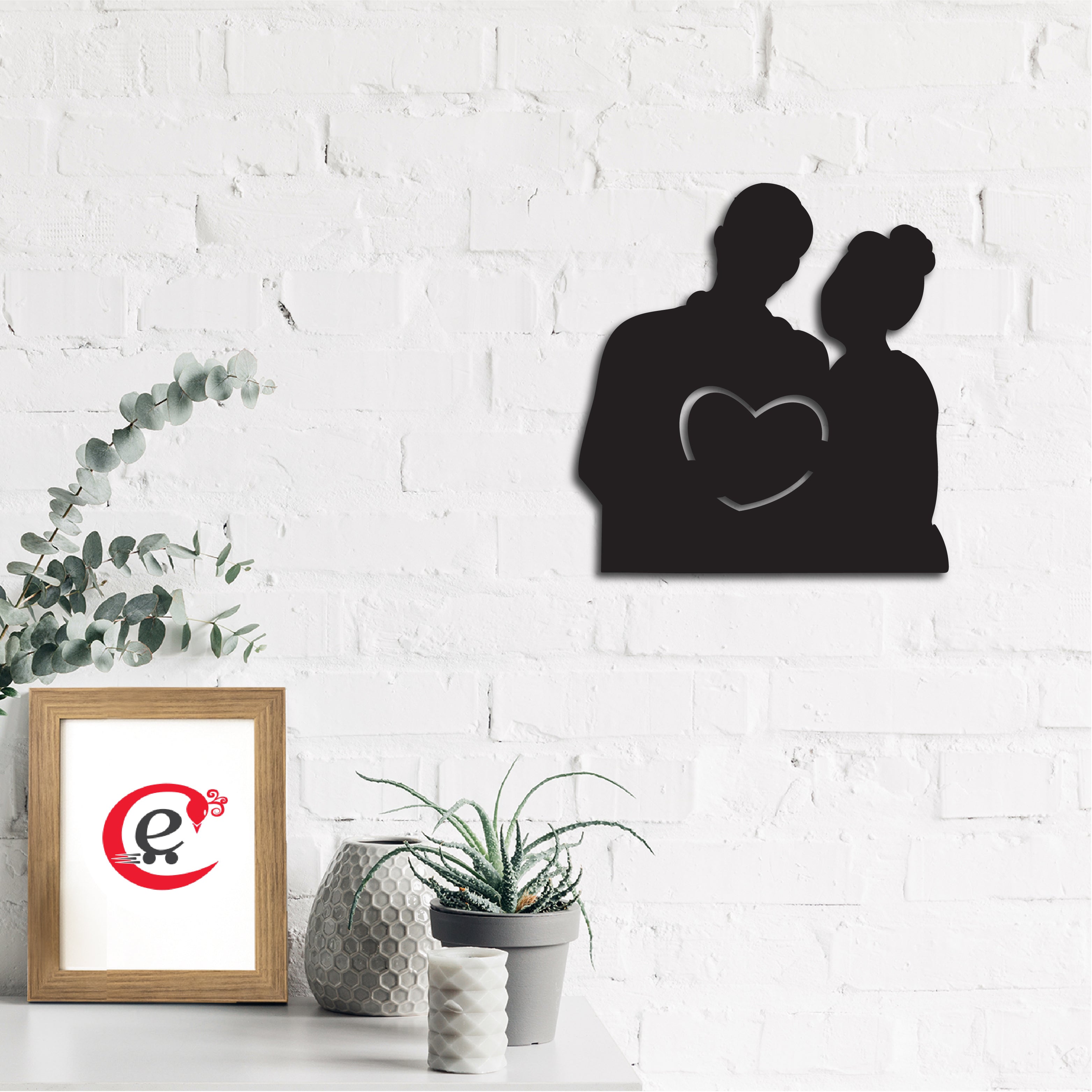 Couple Holding Heart Black Engineered Wood Wall Art Cutout, Ready To Hang Home Decor