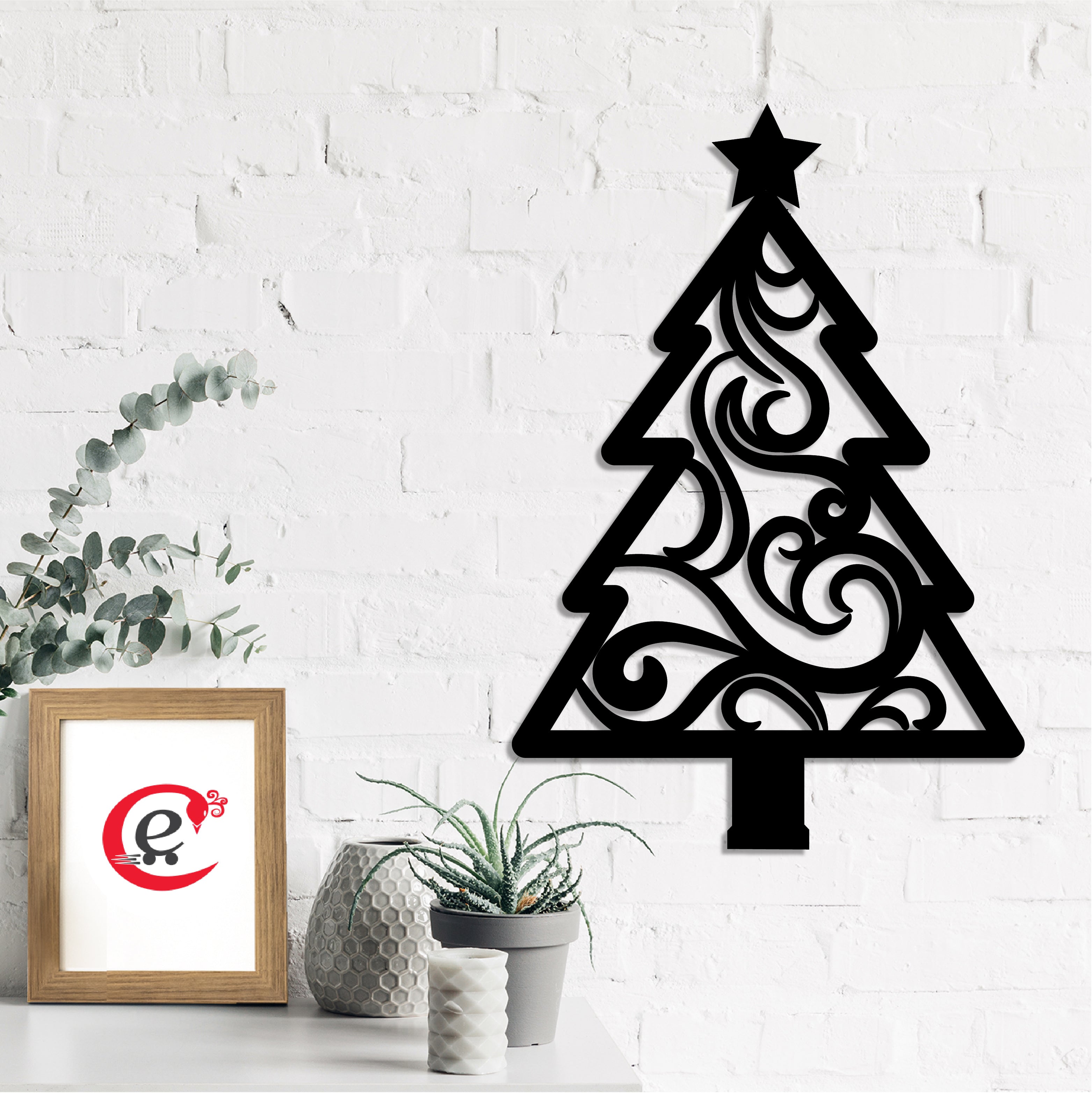 "Christmas Tree" Black Engineered Wood Wall Art Cutout, Ready to Hang Home Decor