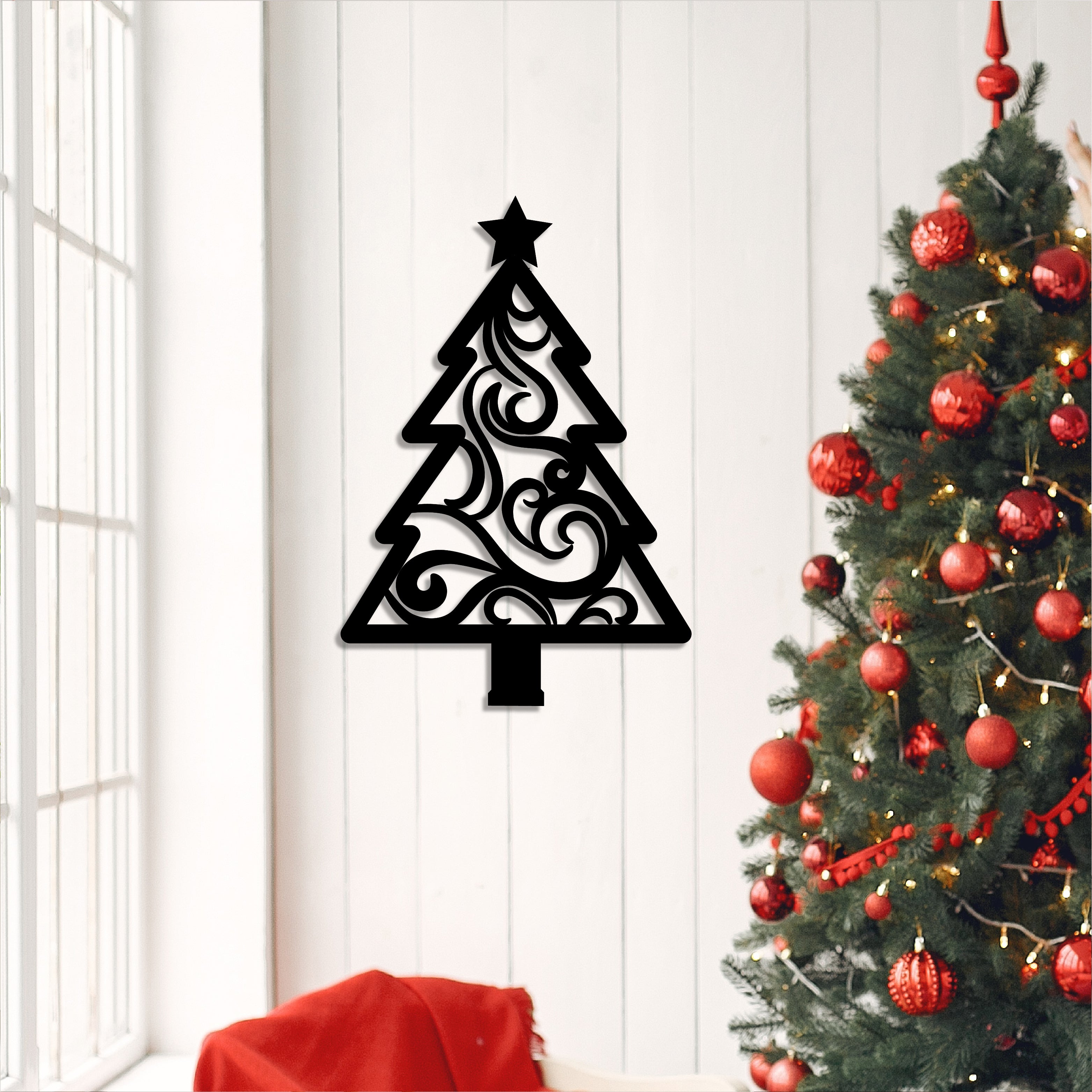 "Christmas Tree" Black Engineered Wood Wall Art Cutout, Ready to Hang Home Decor 1