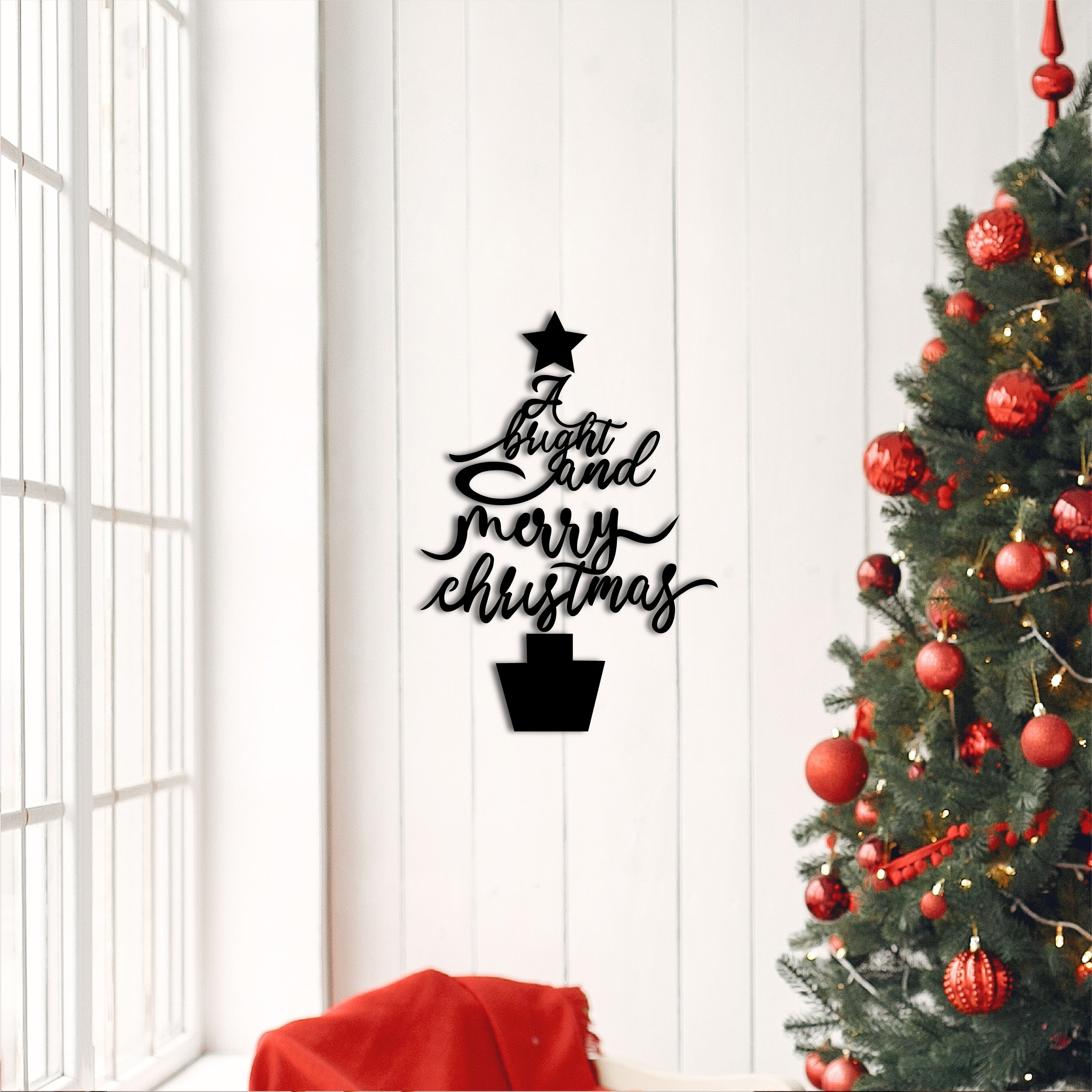 "A Bright and Merry Christmas" Black Engineered Wood Wall Art Cutout, Ready to Hang Home Decor 1