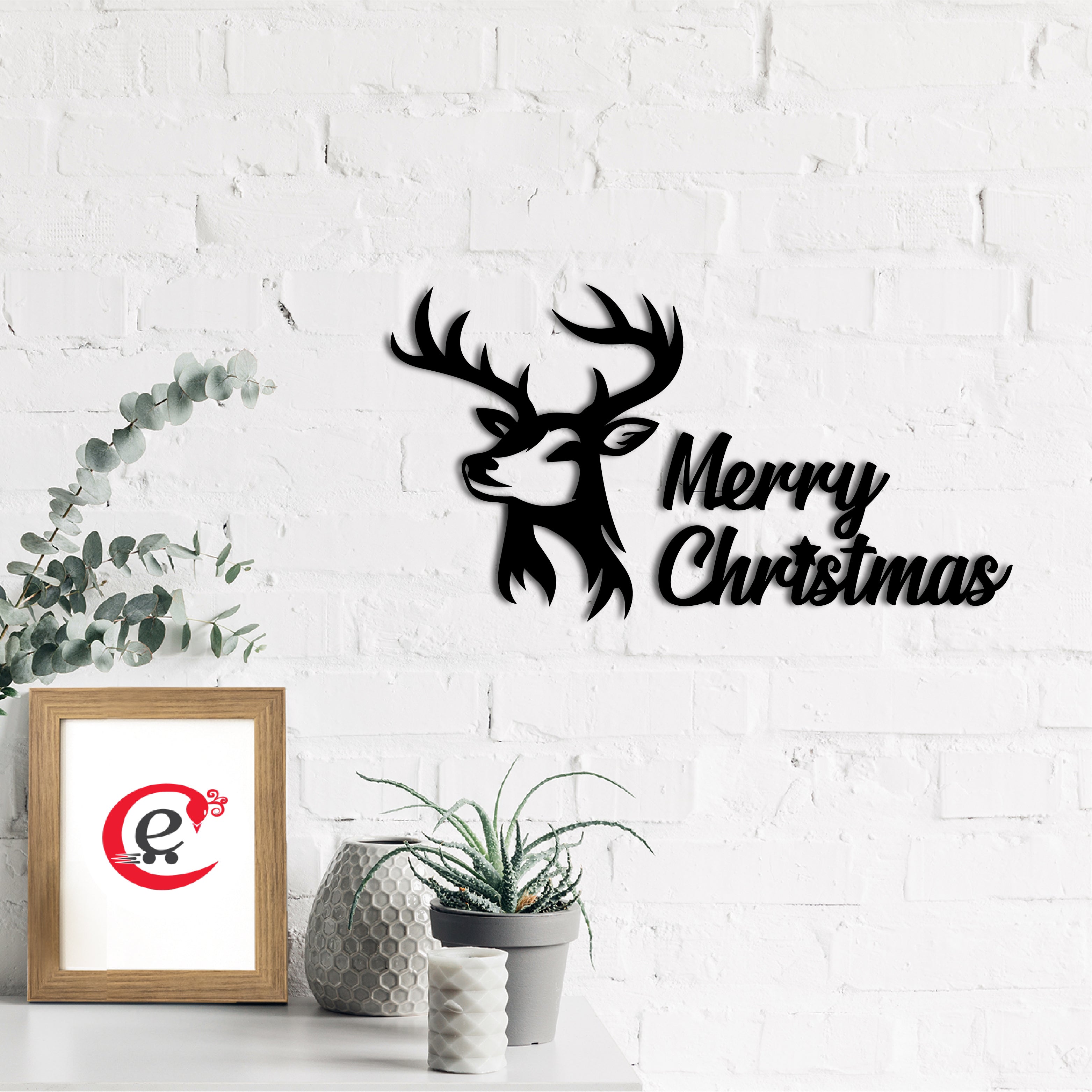 "Merry Christmas Reindeer" Black Engineered Wood Wall Art Cutout, Ready to Hang Home Decor