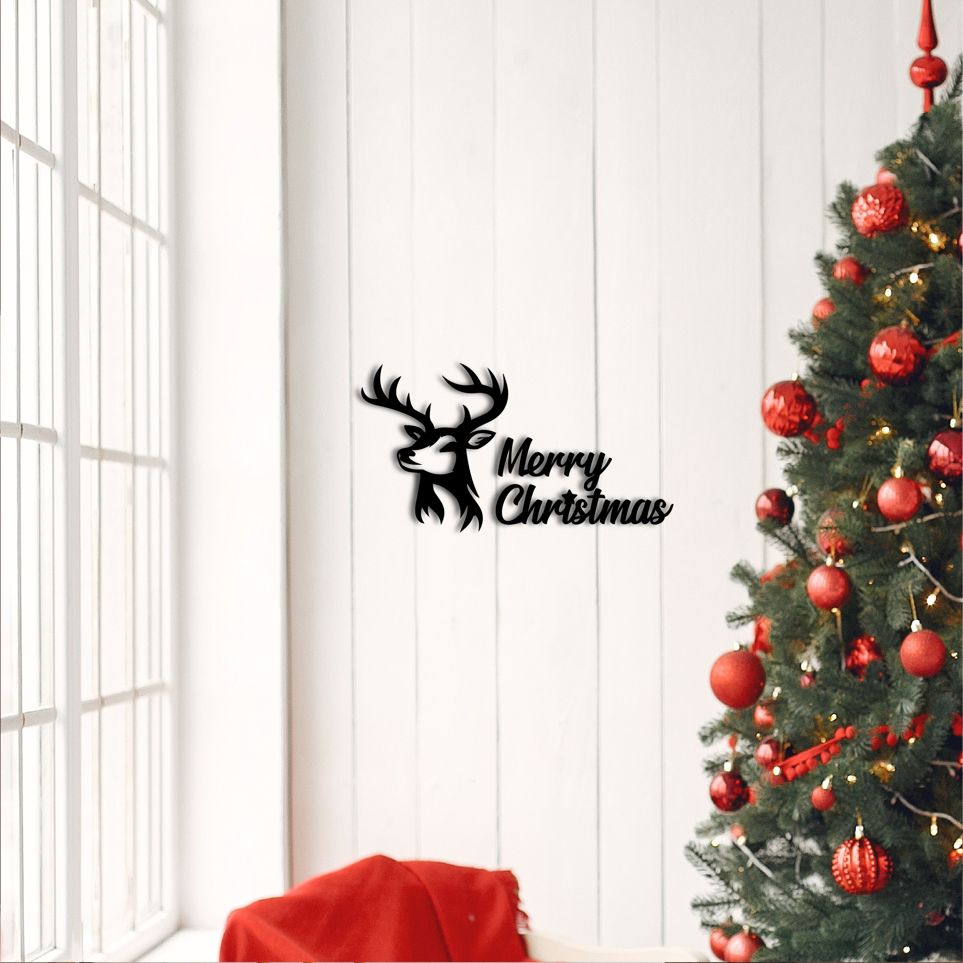 "Merry Christmas Reindeer" Black Engineered Wood Wall Art Cutout, Ready to Hang Home Decor 1