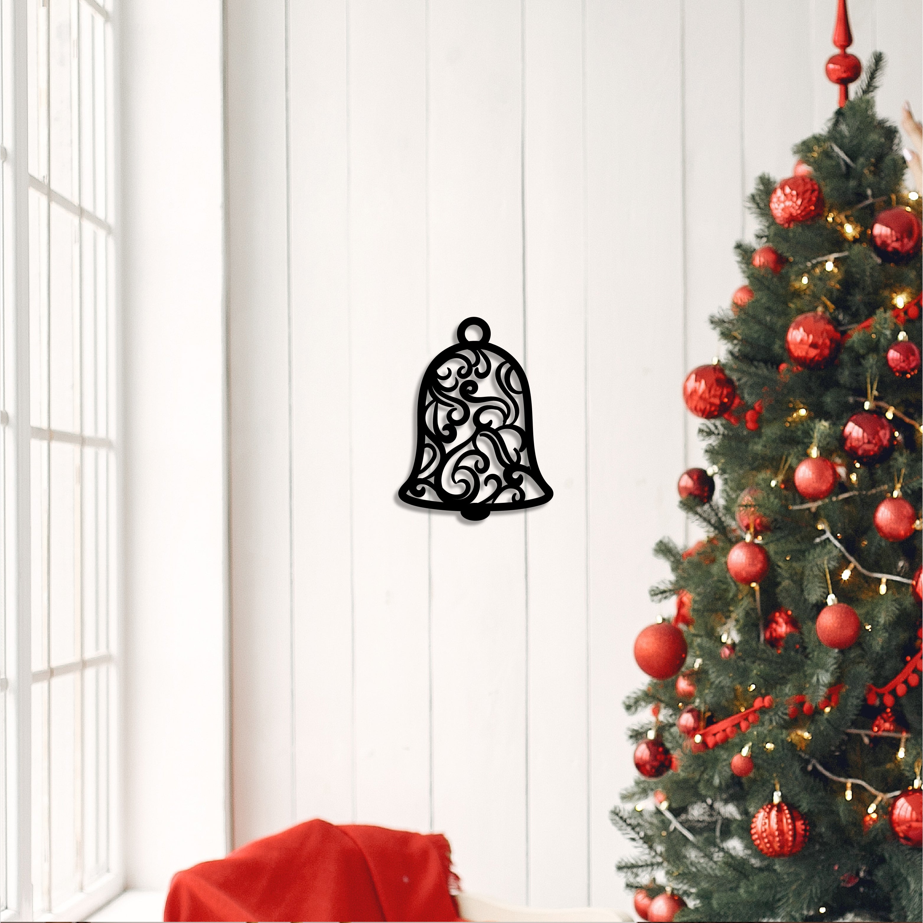 "Christmas Bell" Black Engineered Wood Wall Art Cutout, Ready to Hang Home Decor 1