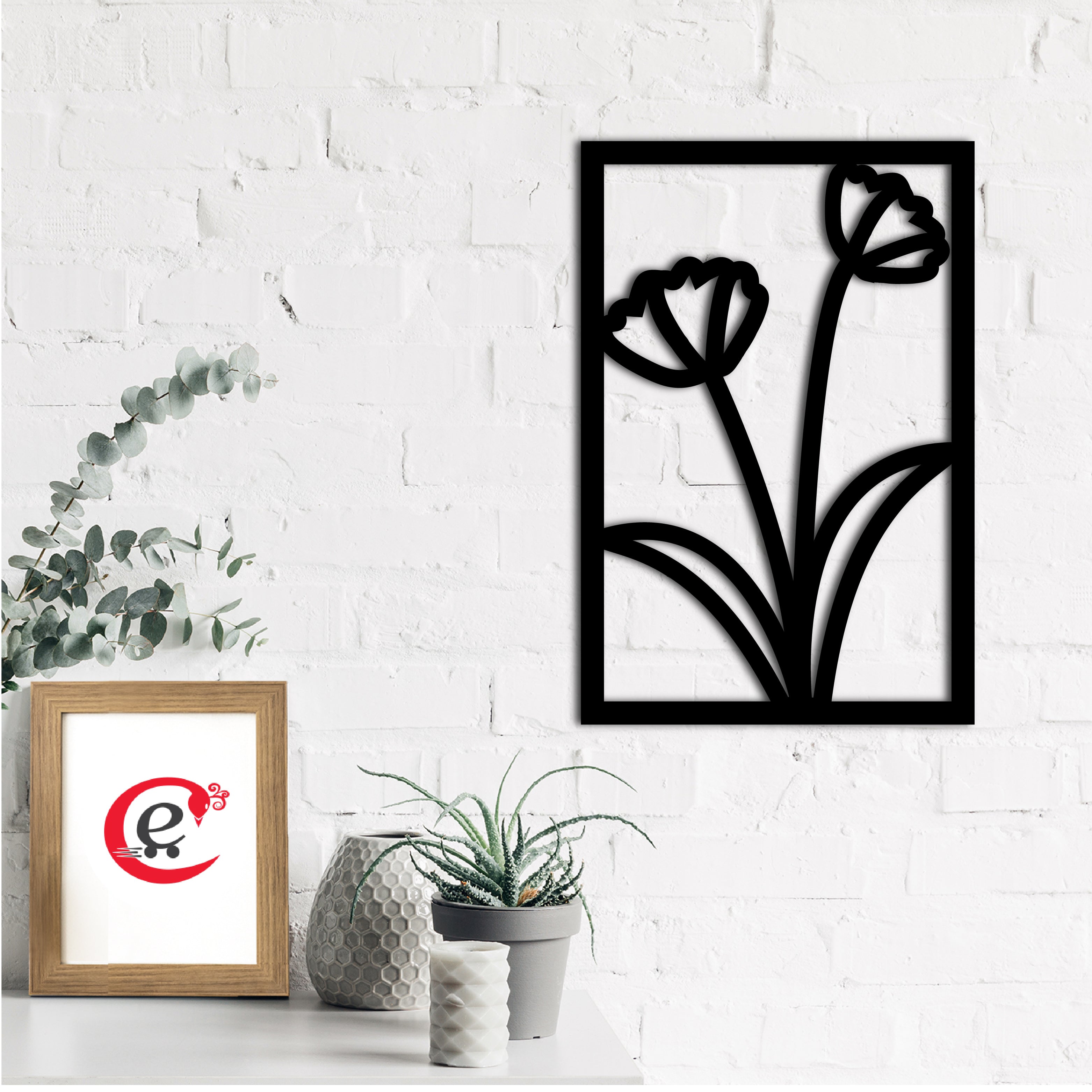 "Flower frame" Black Engineered Wood Wall Art Cutout, Ready to Hang Home Decor