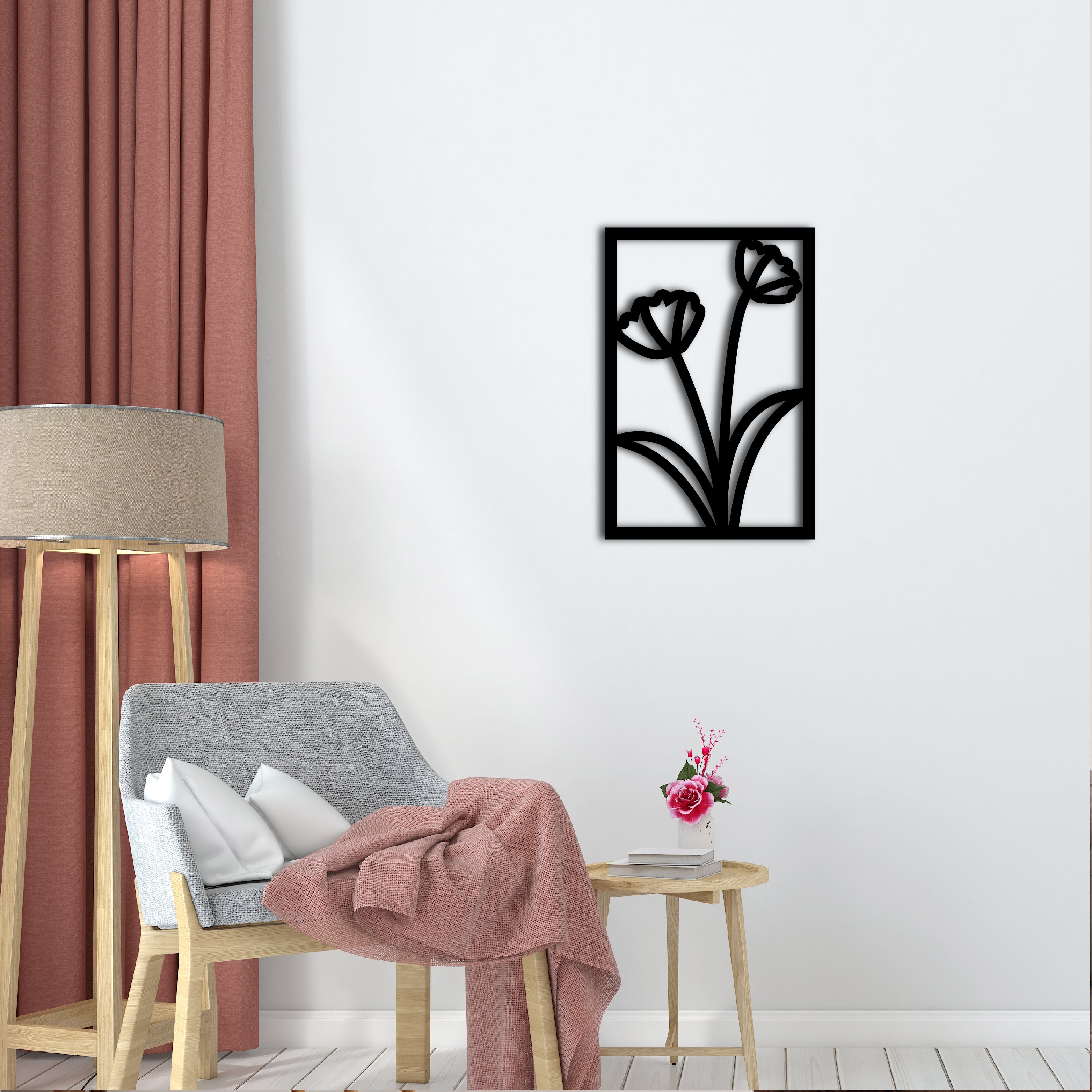 "Flower frame" Black Engineered Wood Wall Art Cutout, Ready to Hang Home Decor 1