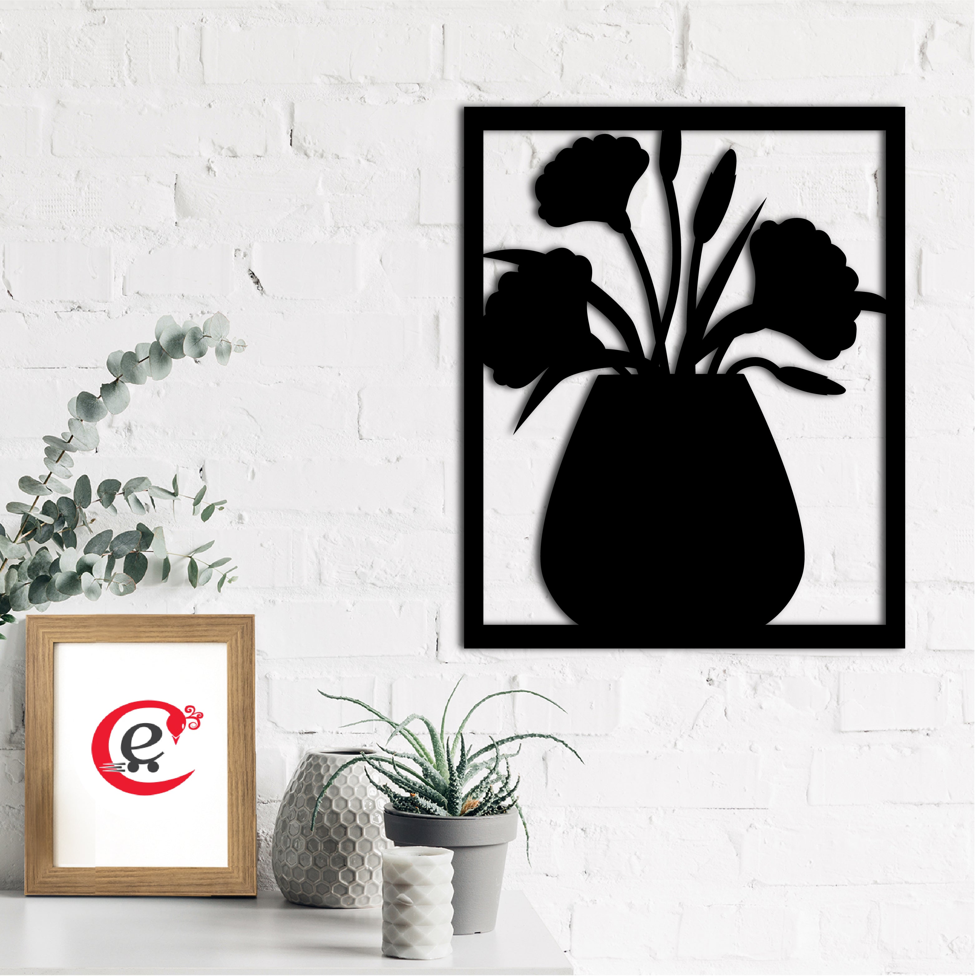 Flower Vase Frame Black Engineered Wood Wall Art Cutout, Ready To Hang Home Decor