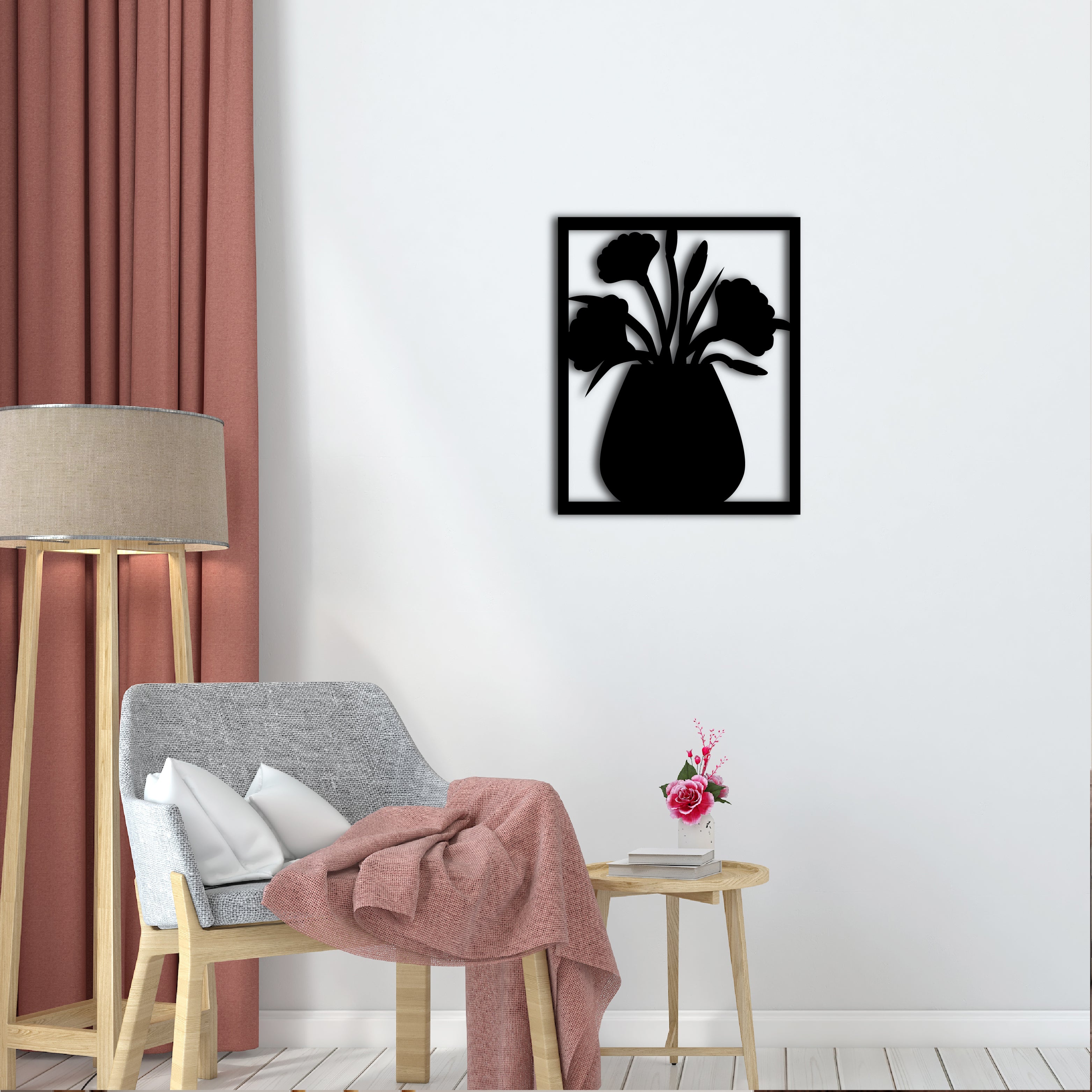Flower Vase Frame Black Engineered Wood Wall Art Cutout, Ready To Hang Home Decor 1