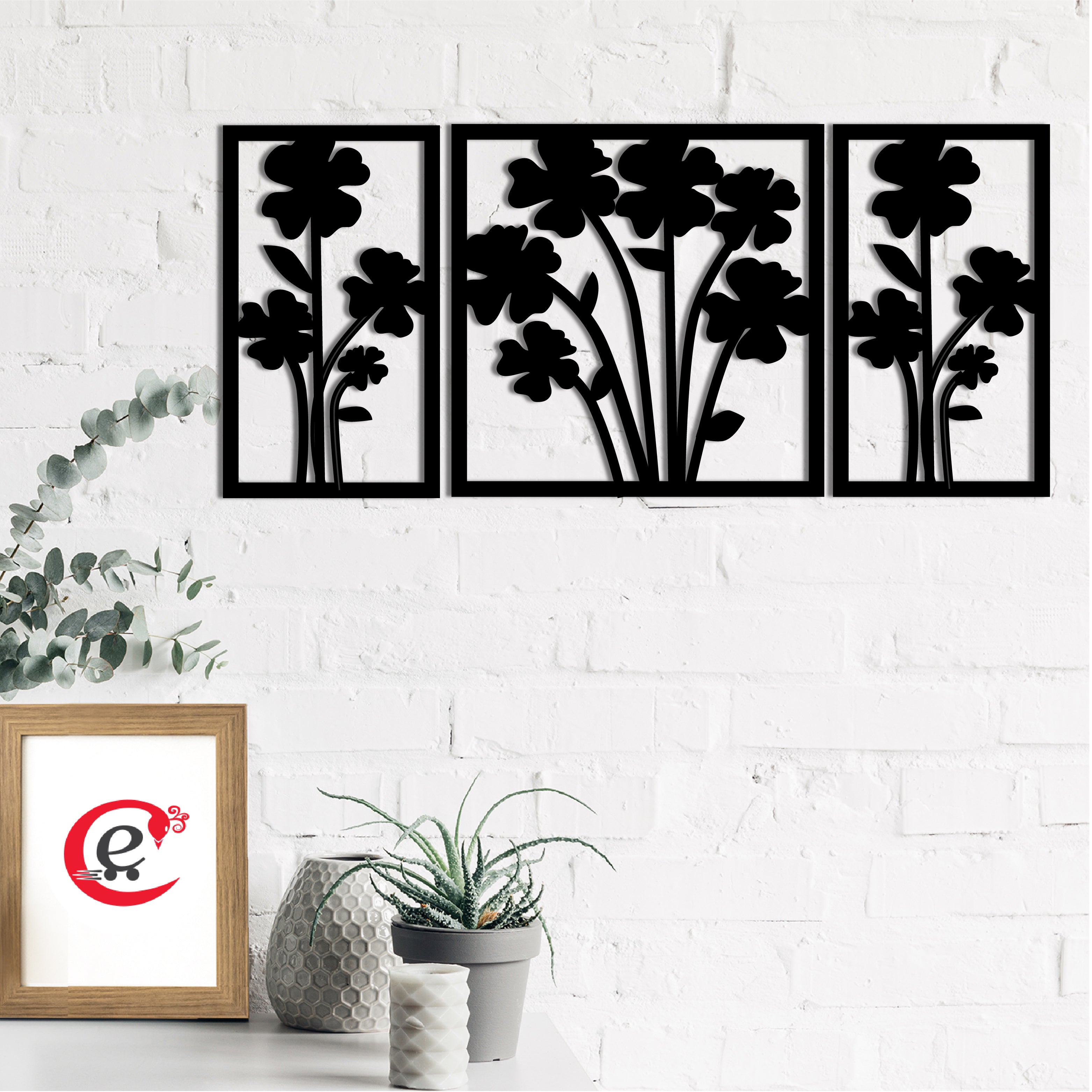 "Flower Bouquet" Black Engineered Wood Wall Art Cutout, Ready to Hang Home Decor