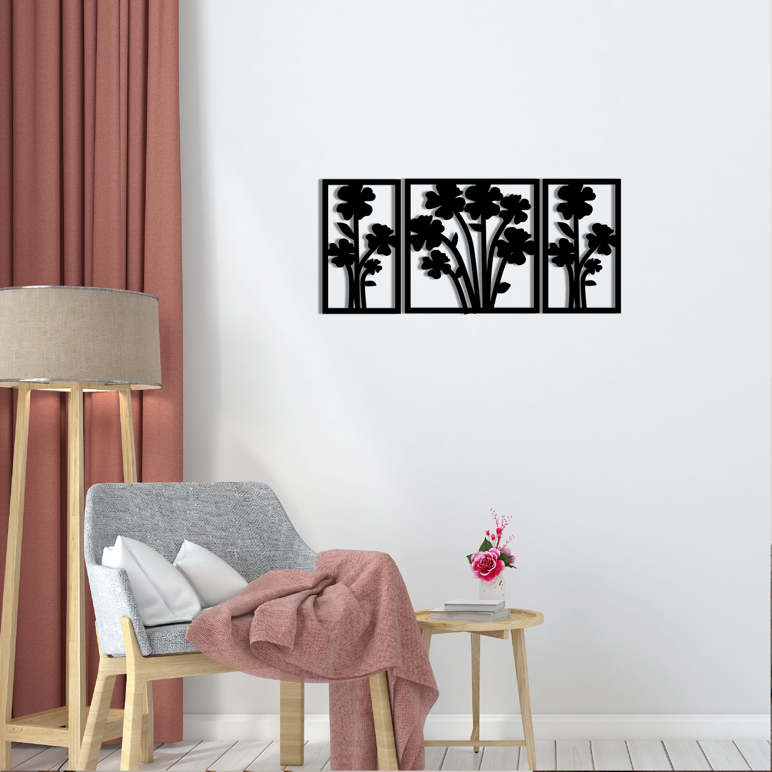"Flower Bouquet" Black Engineered Wood Wall Art Cutout, Ready to Hang Home Decor 1