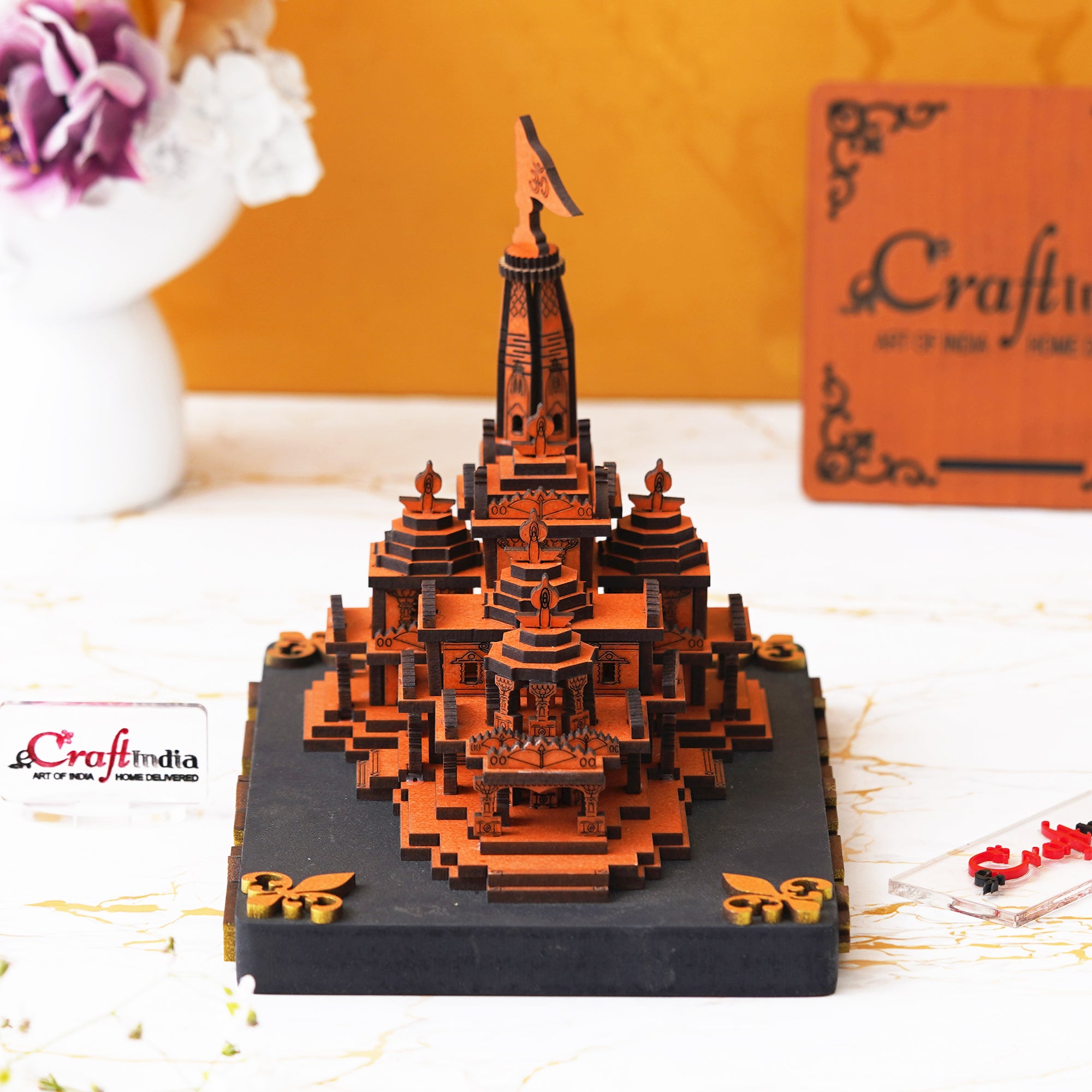 eCraftIndia Shri Ram Mandir Ayodhya Model - Wooden MDF Craftsmanship Authentic Designer Temple - Ideal for Home Temple, Decor, and Spiritual Gifting (Orange, Gold) 5