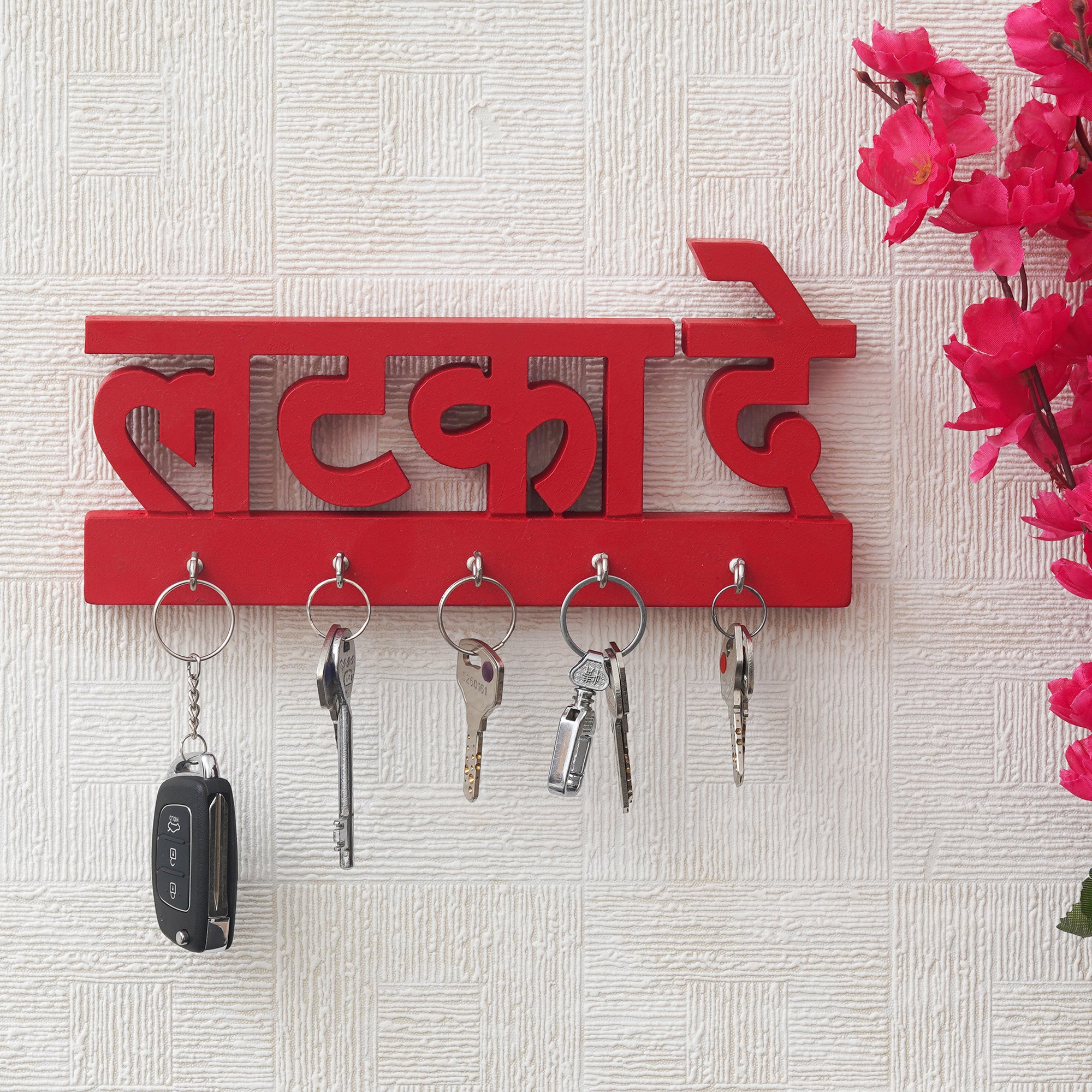 eCraftIndia Red "Latka De" Decorative Wooden Cutout Key Holder with 3 Key Hooks For Wall 5