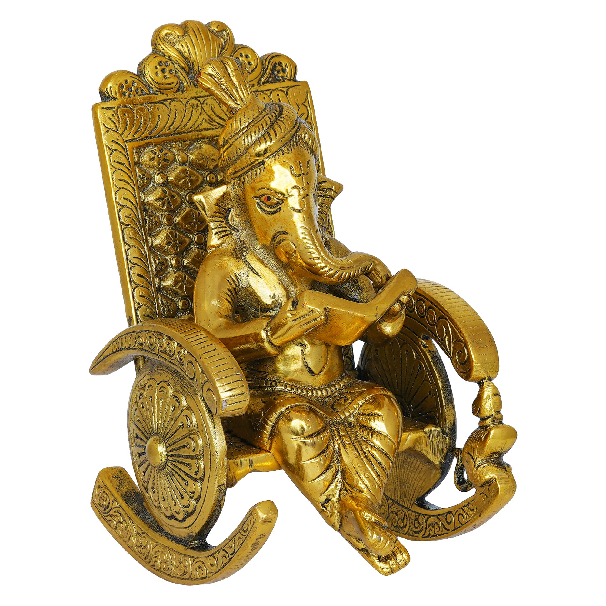 Golden Metal Handcrafted Lord Ganesha Idol Reading Book on Rocking Chair 2