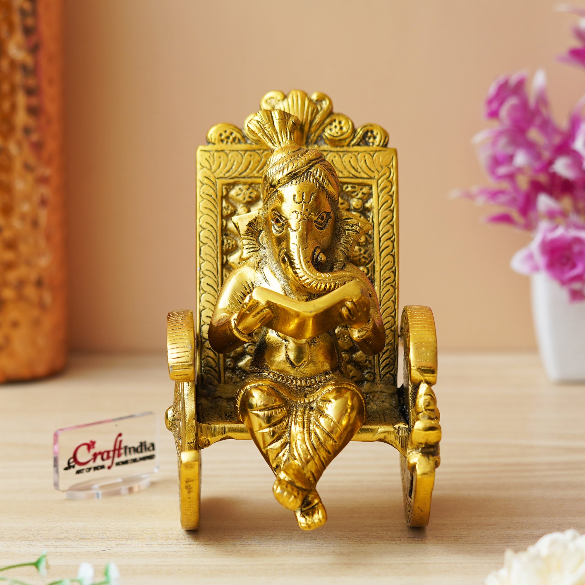 Golden Metal Handcrafted Lord Ganesha Idol Reading Book on Rocking Chair 4