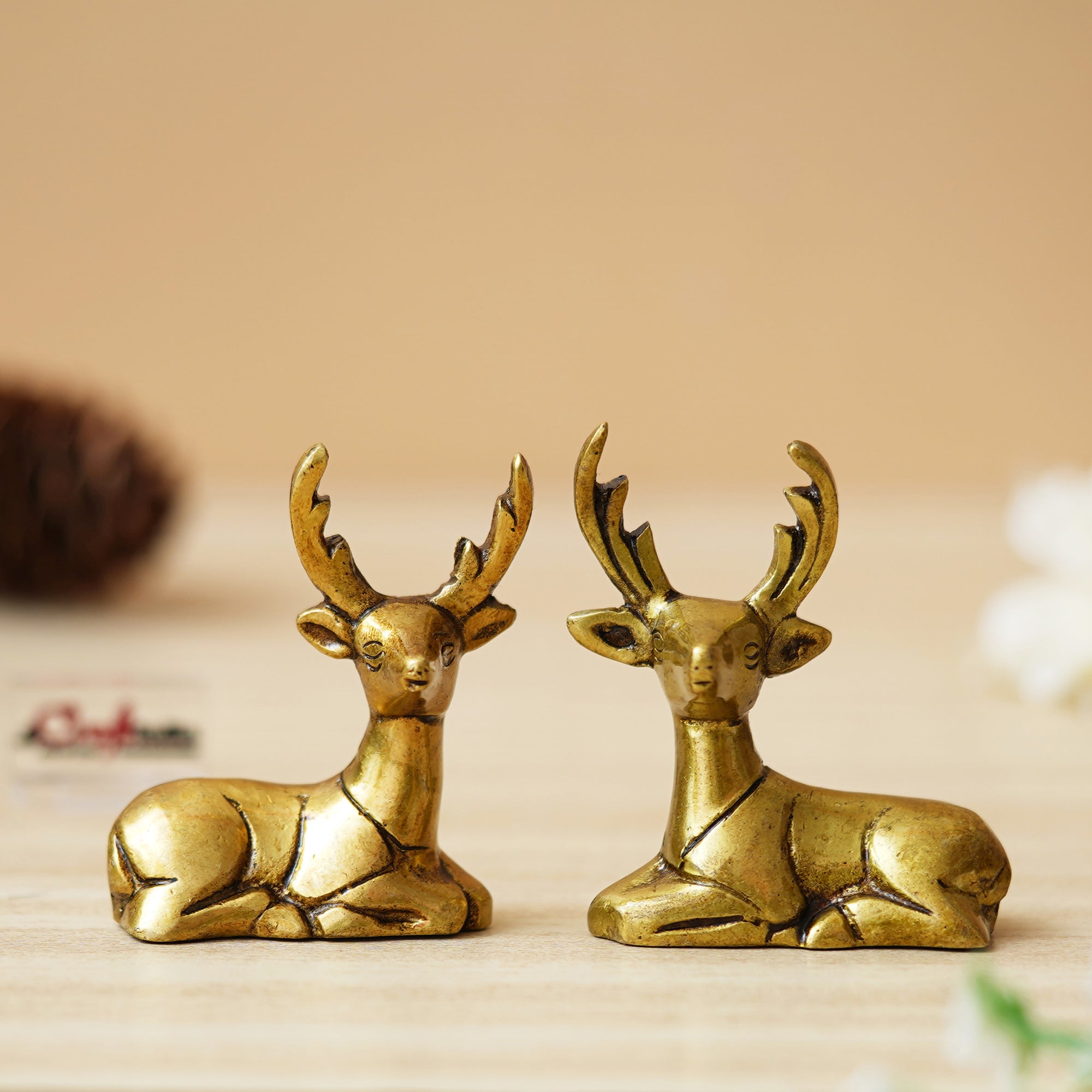 Set of 2 Golden Brass Deer Statues Showpieces - Animal Figurines for Home Decoration - Gift for Christmas, Winter Festivities, and Holiday Celebrations