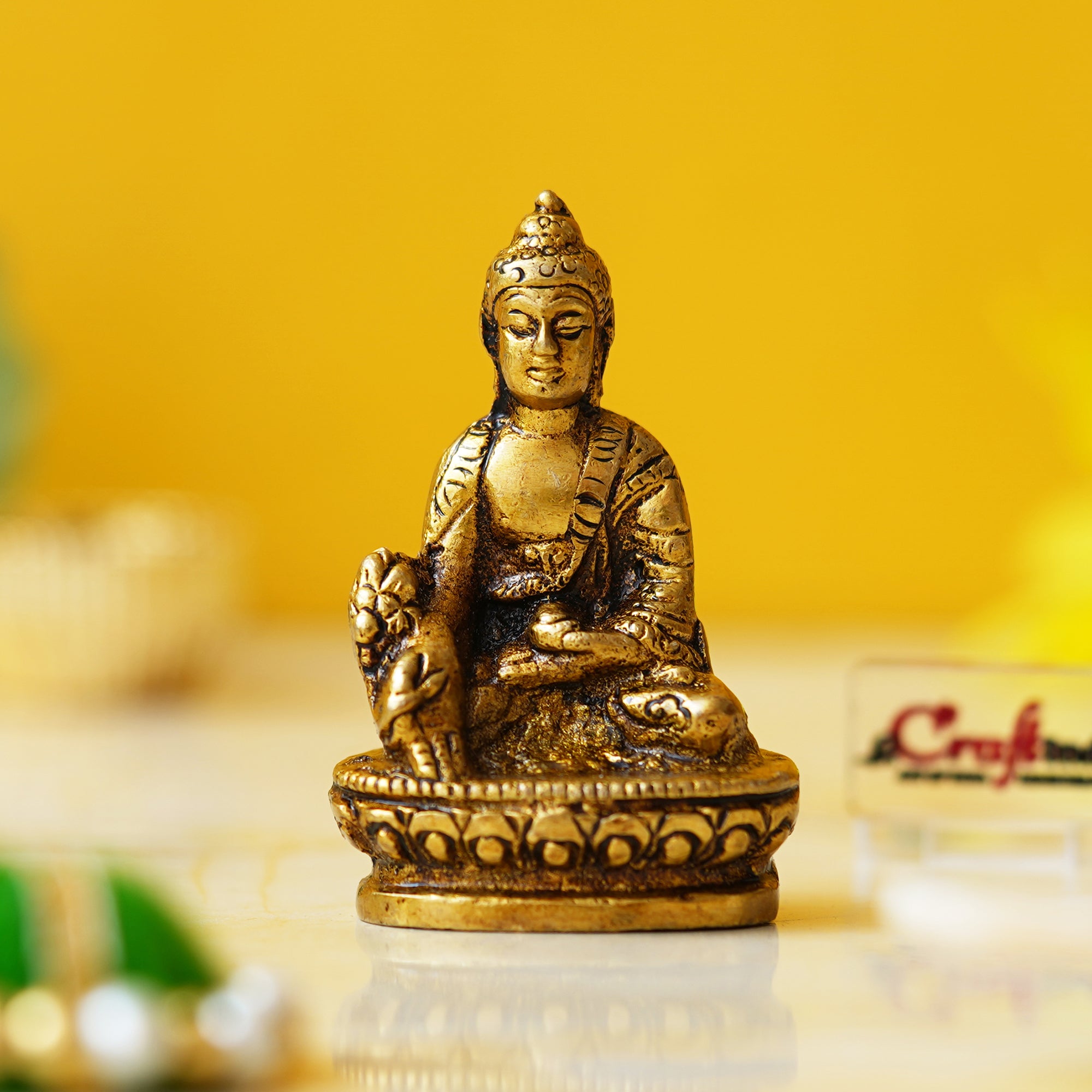 Golden Brass Lord Buddha Statue Murti Idol for Home Decor, Living Room, Office Desk, Car Dashboard - Buddha Purnima Gift to Bring Good Luck