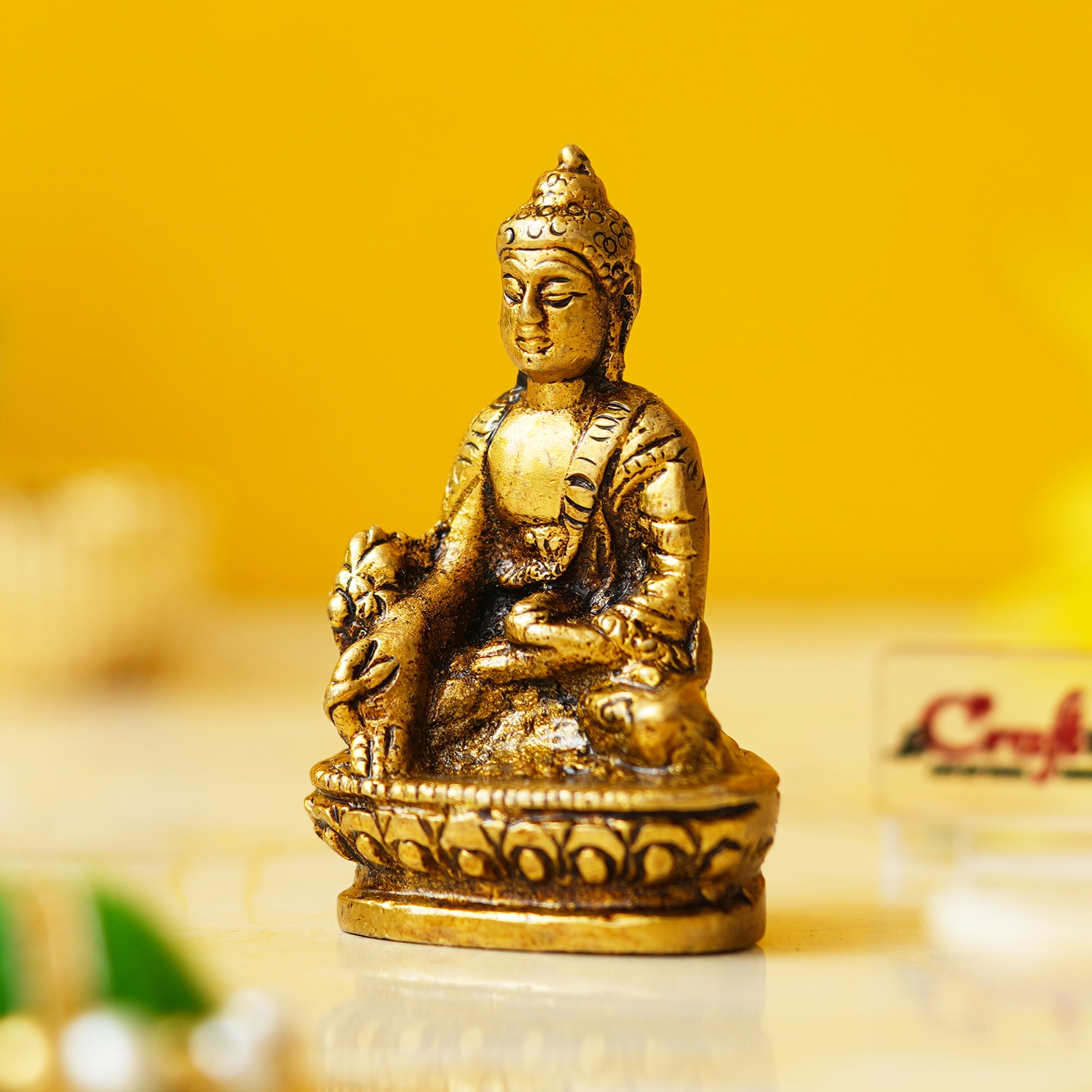 Golden Brass Lord Buddha Statue Murti Idol for Home Decor, Living Room, Office Desk, Car Dashboard - Buddha Purnima Gift to Bring Good Luck 1
