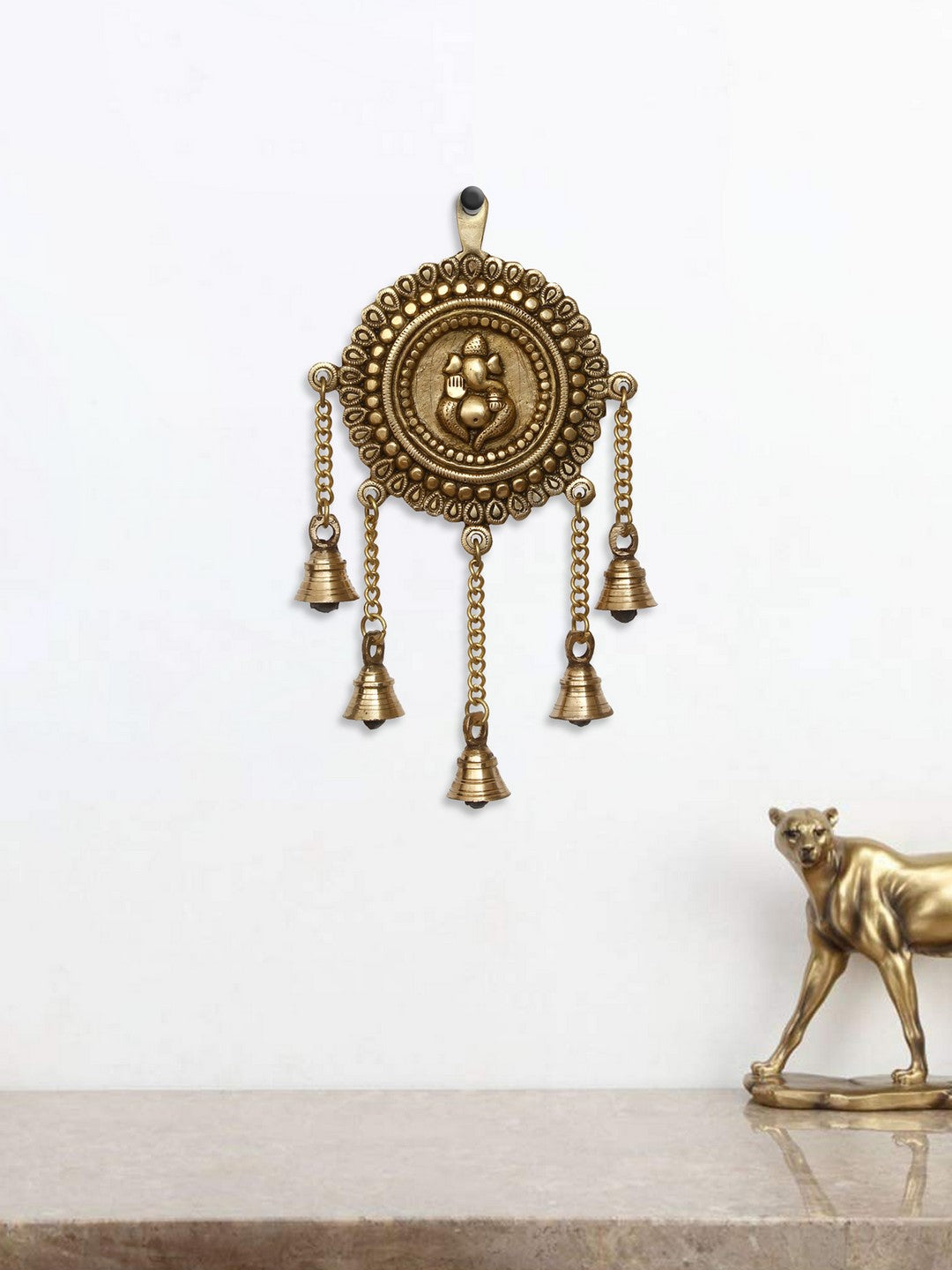 Golden Brass Decorative Lord Ganesha Wall Hanging with 5 Bells Showpiece 1