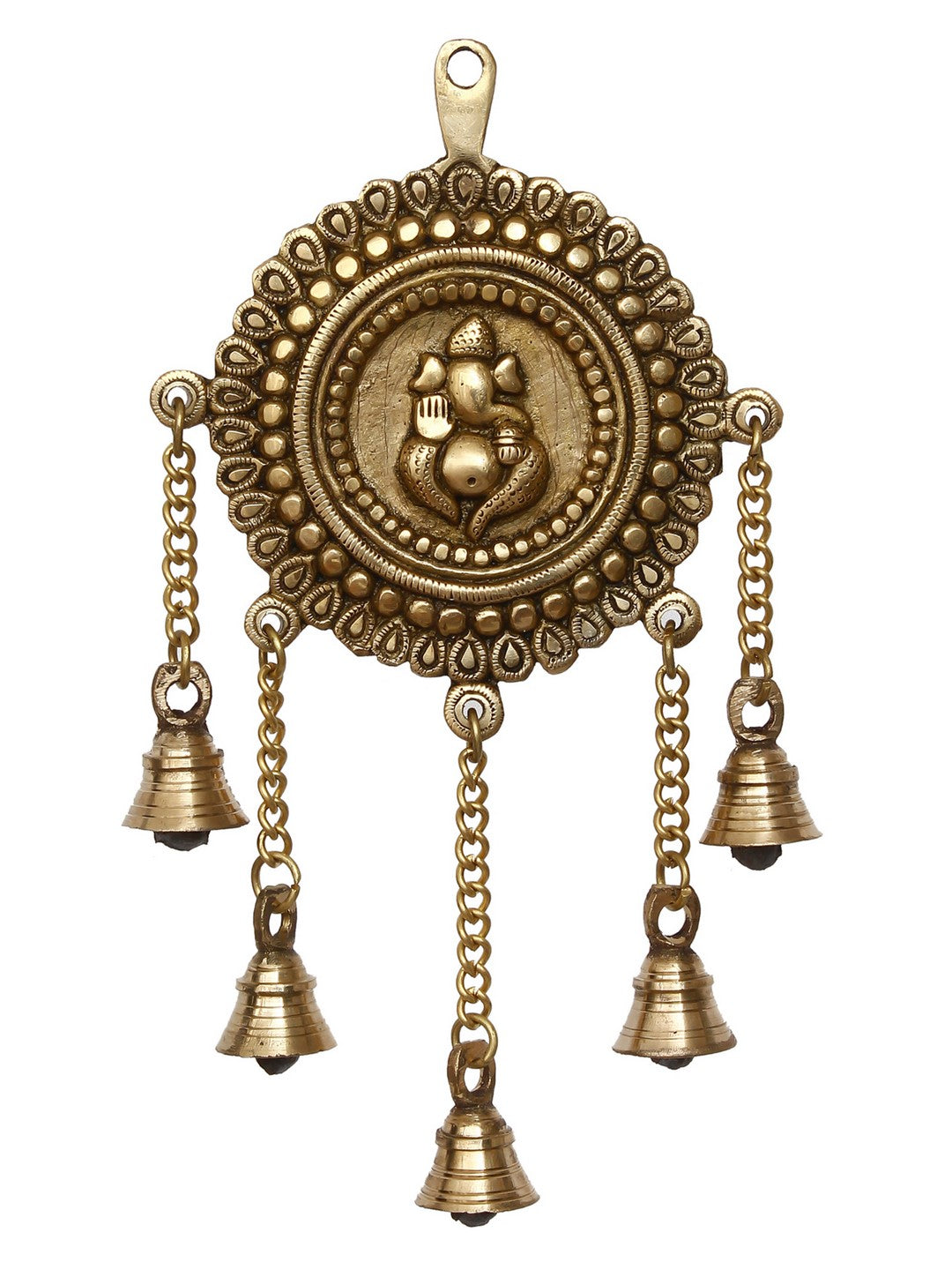 Golden Brass Decorative Lord Ganesha Wall Hanging with 5 Bells Showpiece 2