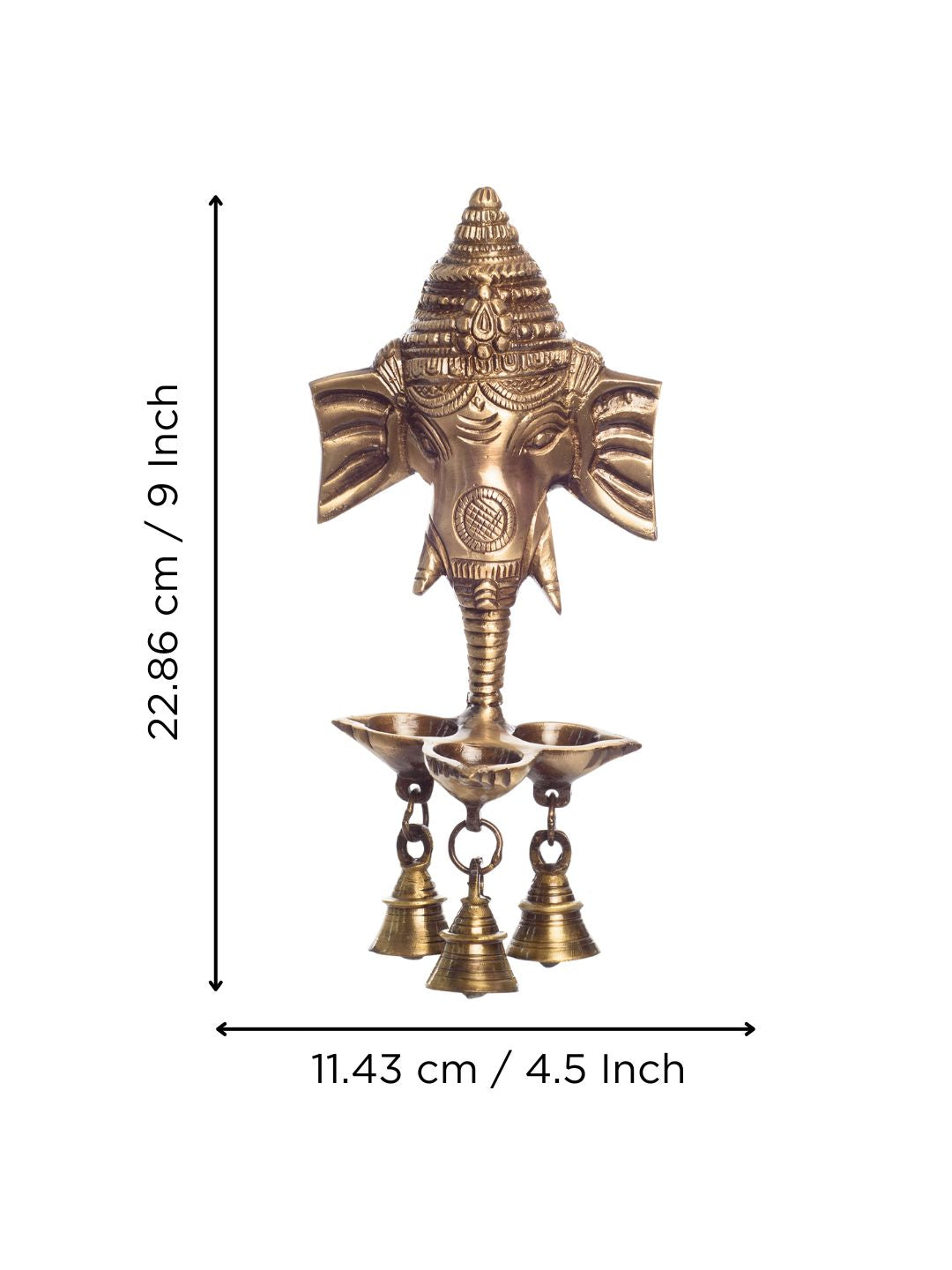 Golden Brass Ganesha Wall Hanging Diya with with Three Wicks and Bells 3