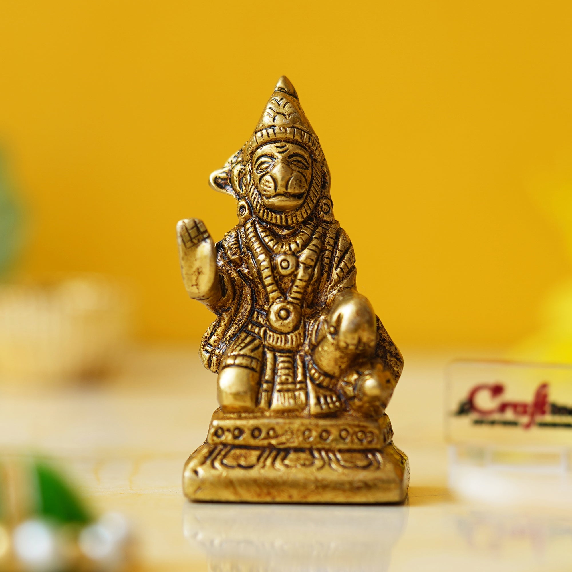 Golden Brass Blessing Lord Hanuman Statue Murti - Hindu God Idol for Home, Office, Temple Mandir - Hanuman Jayanti Gift