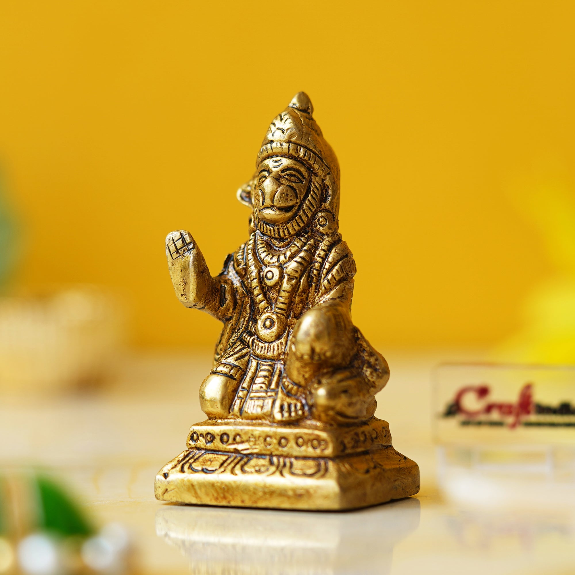 Golden Brass Blessing Lord Hanuman Statue Murti - Hindu God Idol for Home, Office, Temple Mandir - Hanuman Jayanti Gift 1