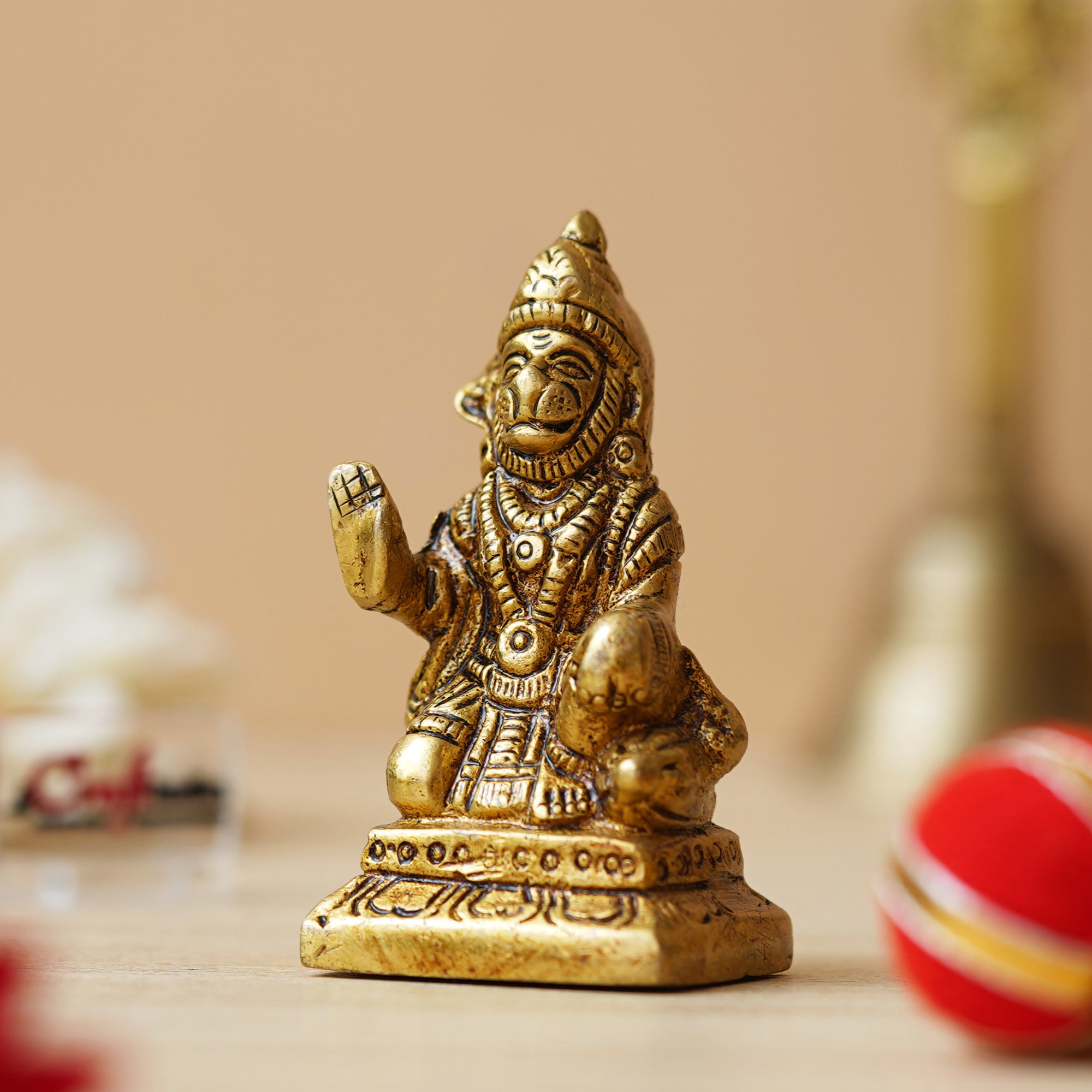 Golden Brass Blessing Lord Hanuman Statue Murti - Hindu God Idol for Home, Office, Temple Mandir - Hanuman Jayanti Gift 4