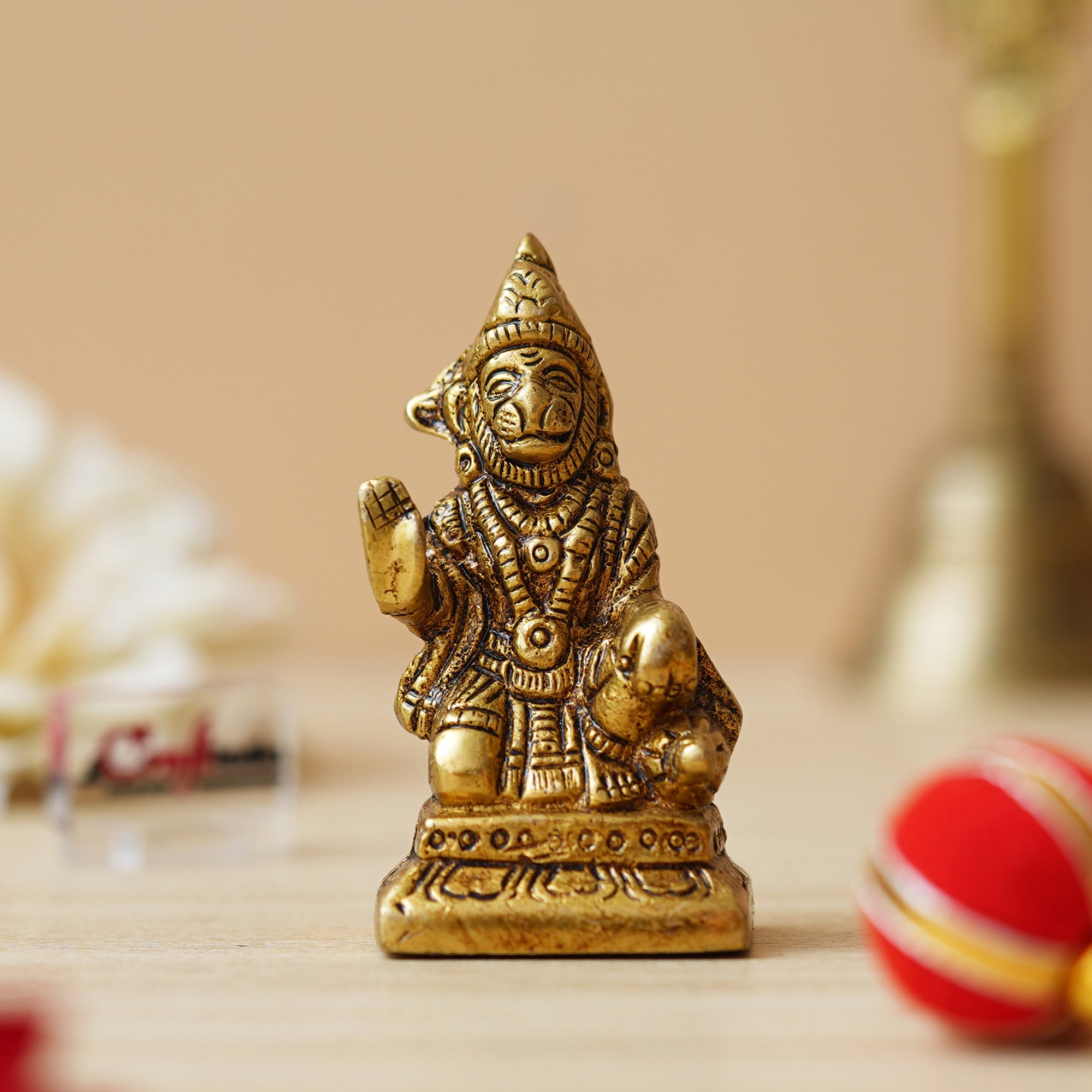 Golden Brass Blessing Lord Hanuman Statue Murti - Hindu God Idol for Home, Office, Temple Mandir - Hanuman Jayanti Gift 5