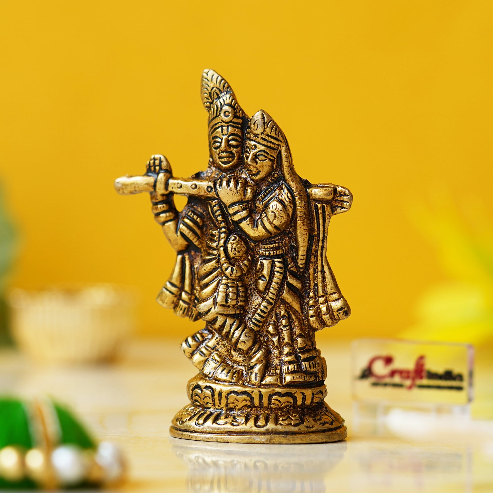 Golden Brass Radha Krishna Murti Idol - God Goddess Statue Decorative Showpiece for Home, Office, Car Dashboard - Gift for Festivals like Janmashtami, Radha Ashtami, and Diwali 1