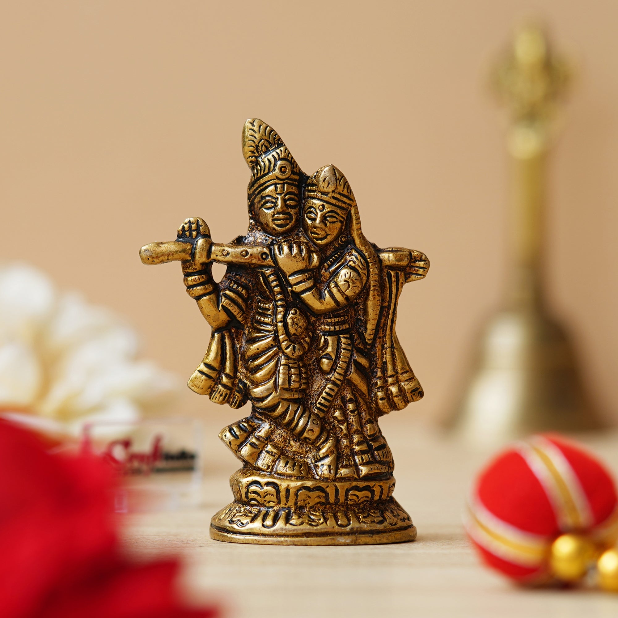 Golden Brass Radha Krishna Murti Idol - God Goddess Statue Decorative Showpiece for Home, Office, Car Dashboard - Gift for Festivals like Janmashtami, Radha Ashtami, and Diwali 4