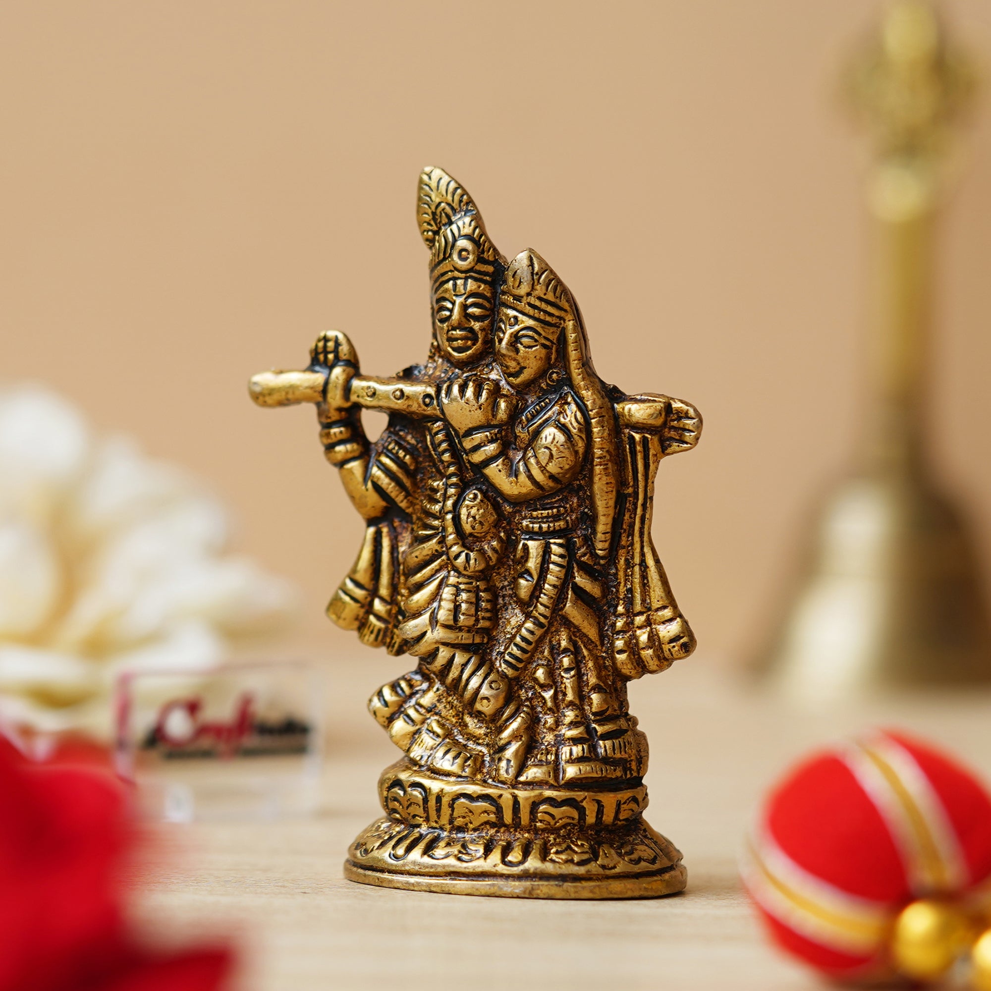 Golden Brass Radha Krishna Murti Idol - God Goddess Statue Decorative Showpiece for Home, Office, Car Dashboard - Gift for Festivals like Janmashtami, Radha Ashtami, and Diwali 5