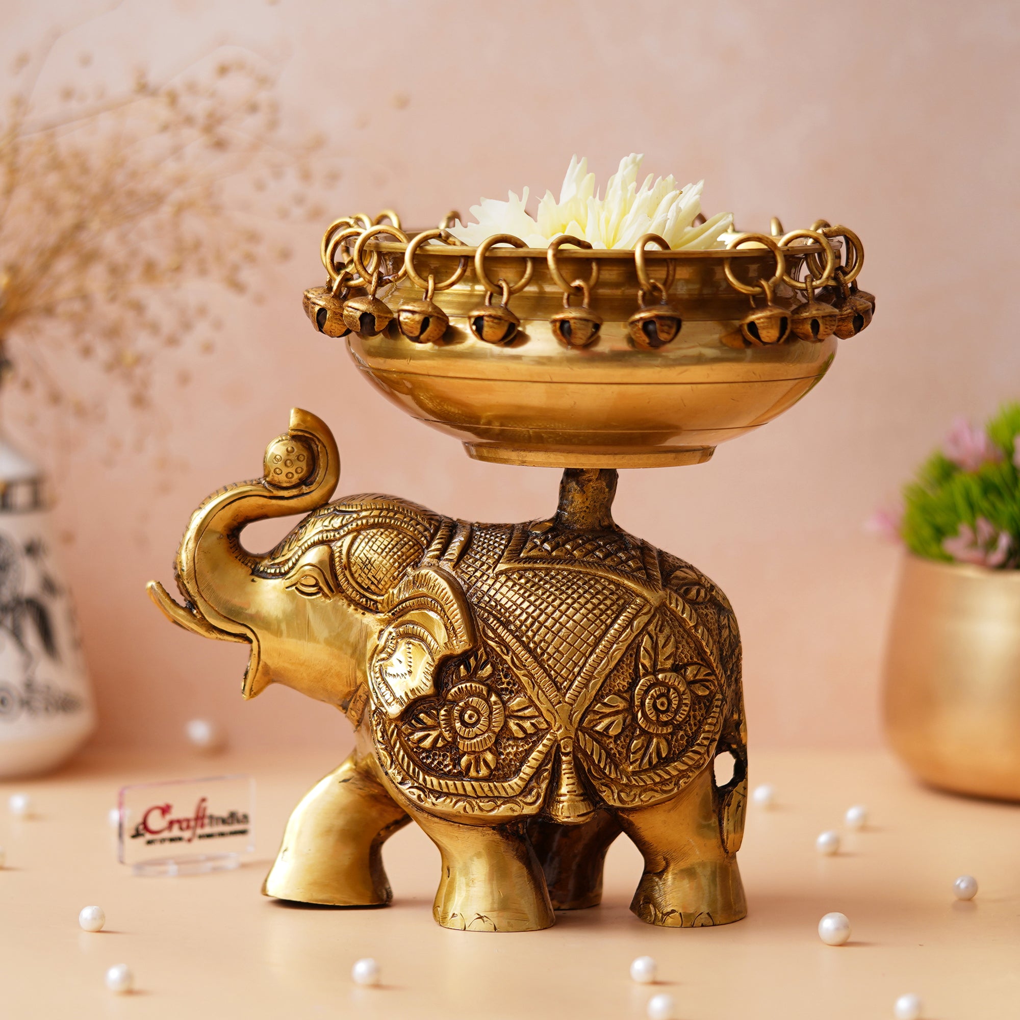 Golden Brass Urli on Elephant Statue with Bells for Floating Flowers - Ethnic Design Decorative Showpiece for Home & Office Decor, Diwali Decoration - Gift for Housewarming, Navratri Festival
