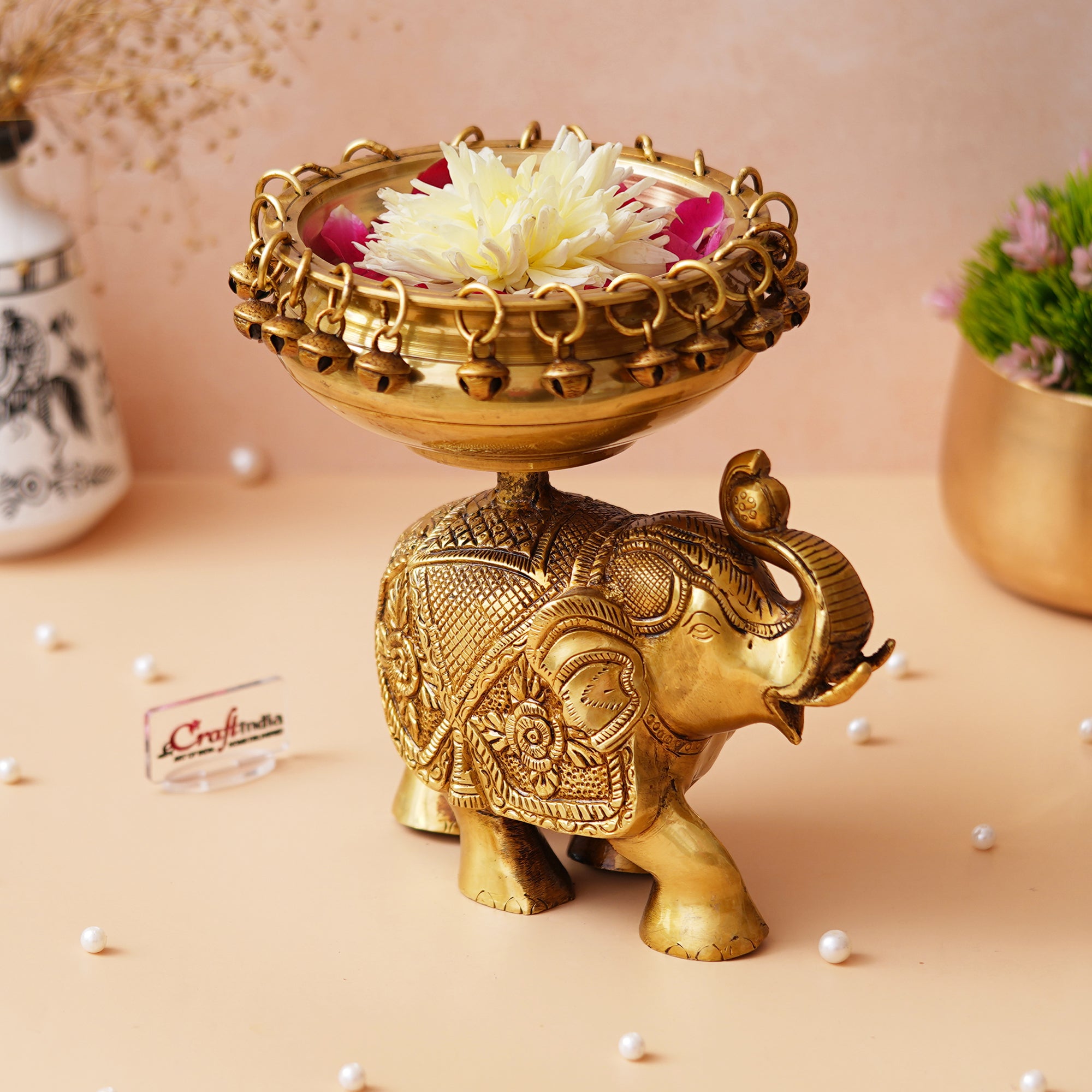Golden Brass Urli on Elephant Statue with Bells for Floating Flowers - Ethnic Design Decorative Showpiece for Home & Office Decor, Diwali Decoration - Gift for Housewarming, Navratri Festival 1