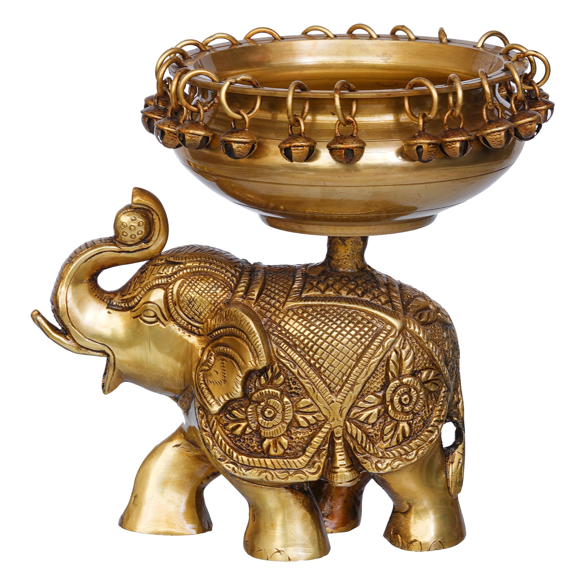 Golden Brass Urli on Elephant Statue with Bells for Floating Flowers - Ethnic Design Decorative Showpiece for Home & Office Decor, Diwali Decoration - Gift for Housewarming, Navratri Festival 2