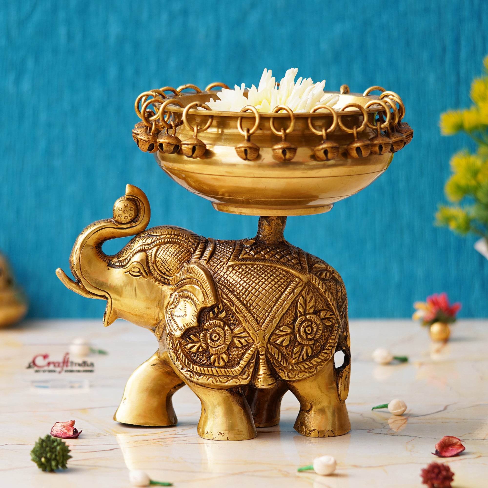 Golden Brass Urli on Elephant Statue with Bells for Floating Flowers - Ethnic Design Decorative Showpiece for Home & Office Decor, Diwali Decoration - Gift for Housewarming, Navratri Festival 4