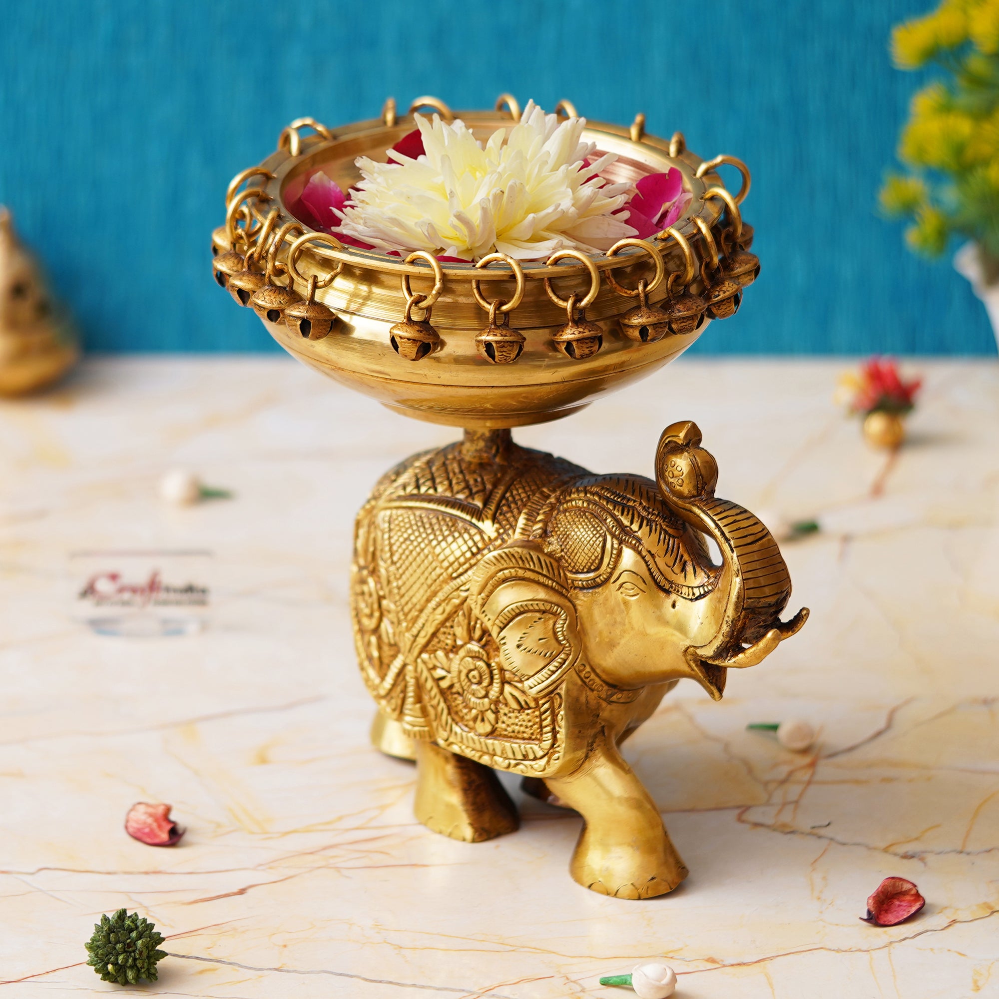 Golden Brass Urli on Elephant Statue with Bells for Floating Flowers - Ethnic Design Decorative Showpiece for Home & Office Decor, Diwali Decoration - Gift for Housewarming, Navratri Festival 5