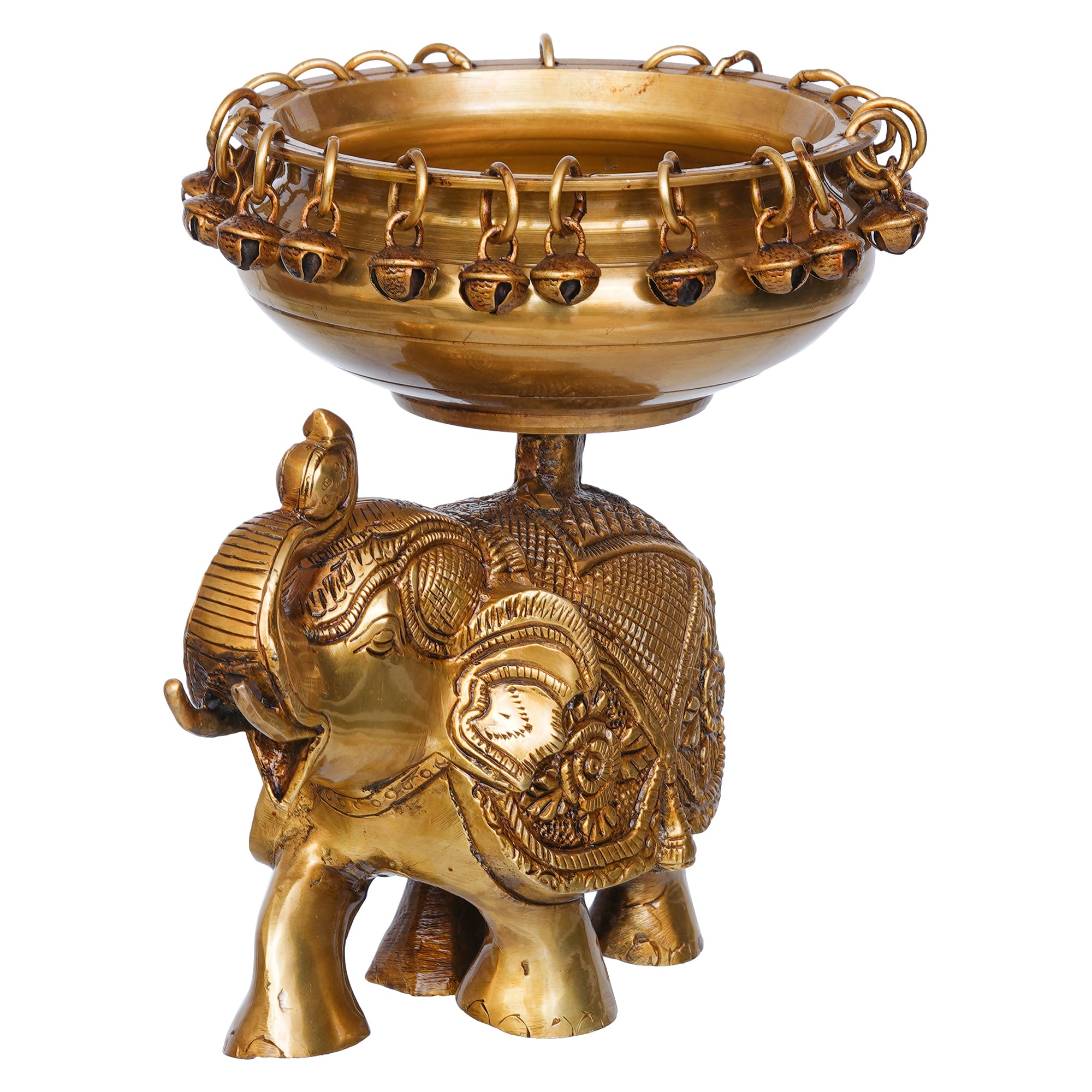 Golden Brass Urli on Elephant Statue with Bells for Floating Flowers - Ethnic Design Decorative Showpiece for Home & Office Decor, Diwali Decoration - Gift for Housewarming, Navratri Festival 6